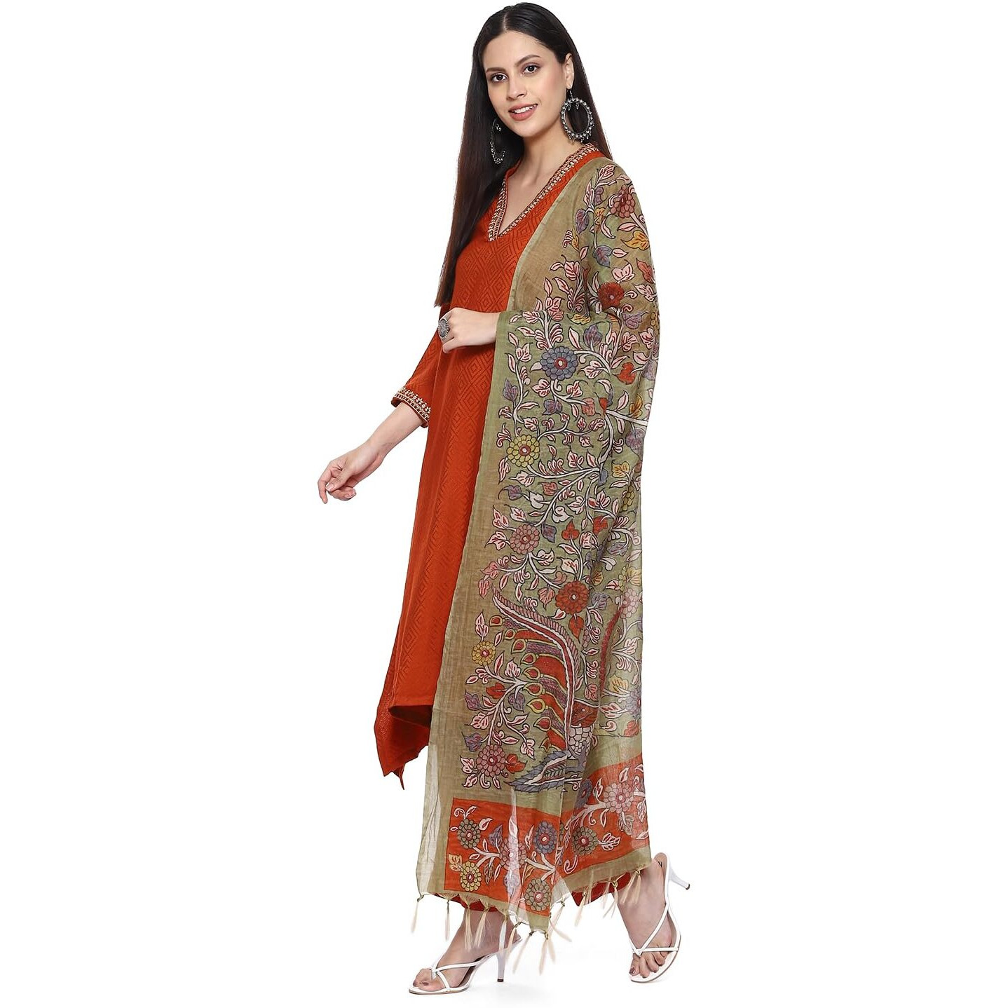 BIBA Womens Rayon Women Yarndyed Asymmetric Salwar Suit with Dupatta(Skdkalamkar9002_Burnt Orange_34), Medium