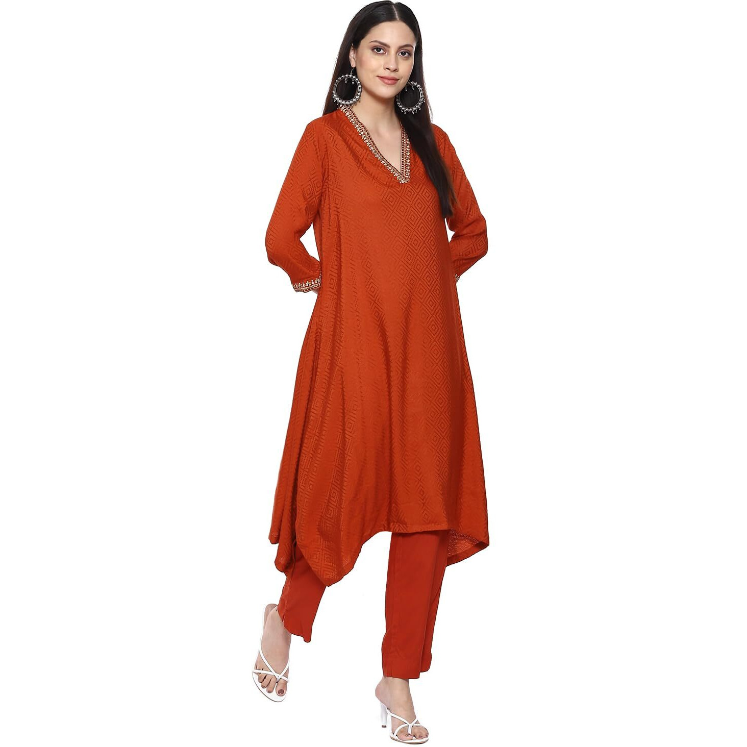 BIBA Womens Rayon Women Yarndyed Asymmetric Salwar Suit with Dupatta(Skdkalamkar9002_Burnt Orange_34), Medium