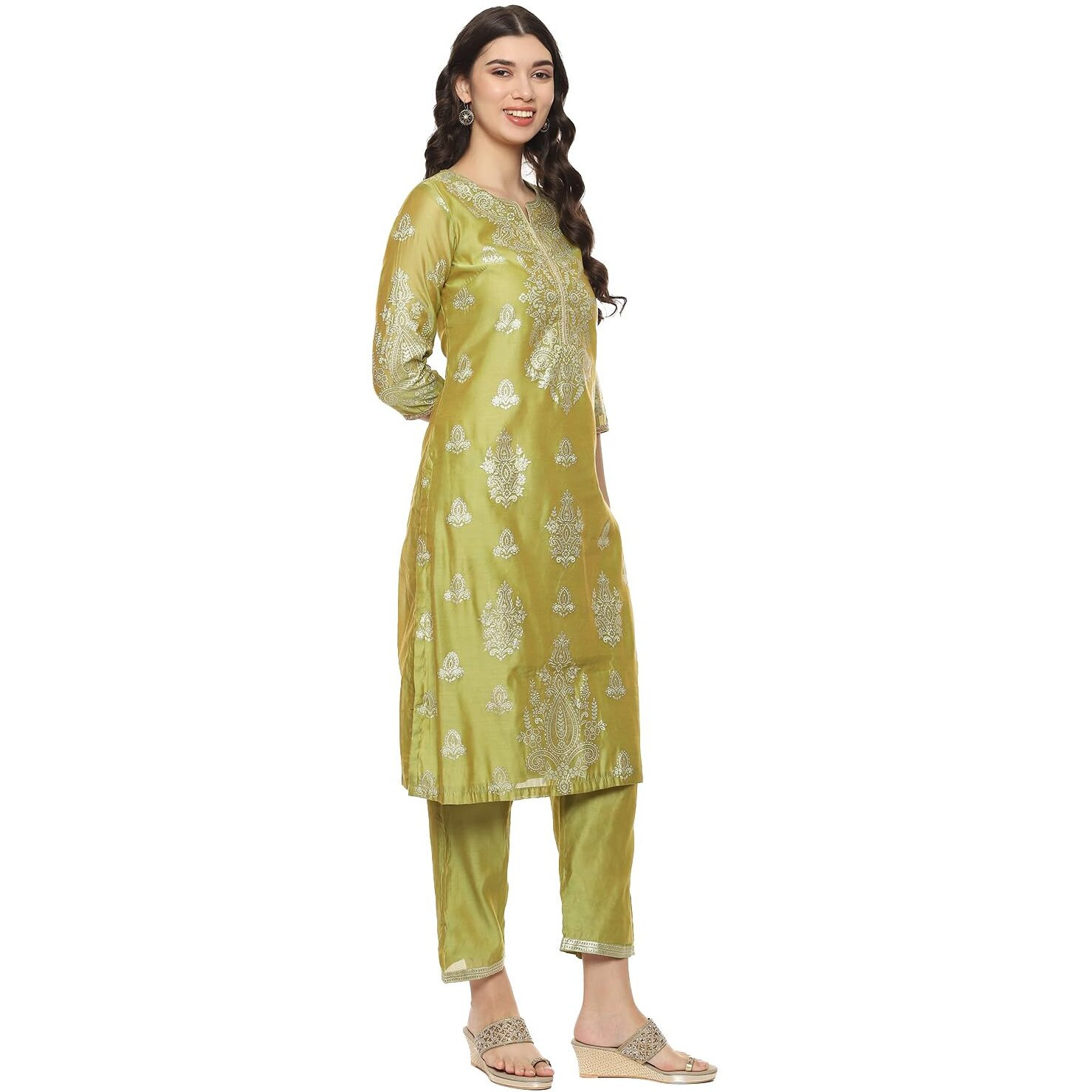 BIBA WOMEN PRINTED STRAIGHT MIX AND MATCH(FESTIVE 2208_OLIVE_32)