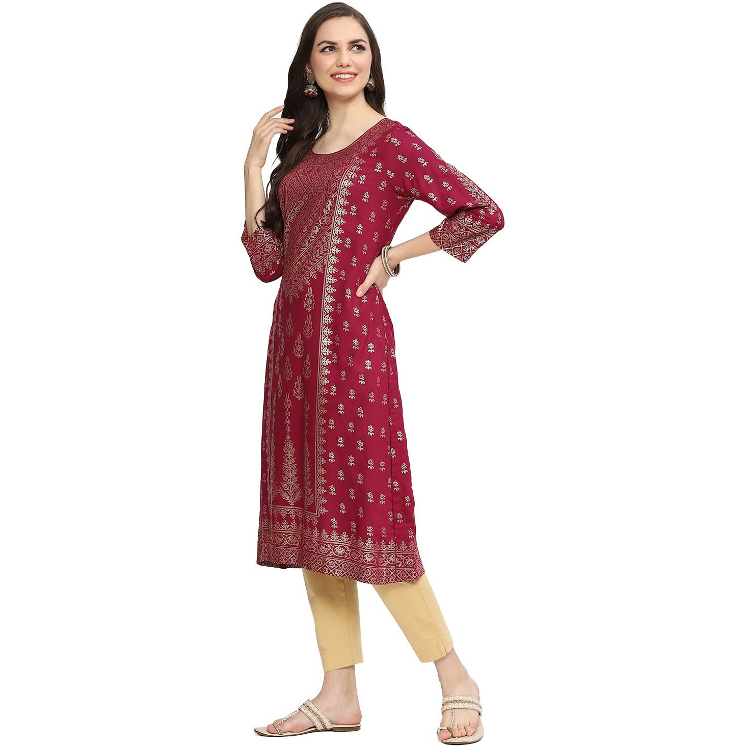 BIBA Women's Cotton Printed Straight Mix & Match (Festive 19868_Plum_40, Tunic Shirt)