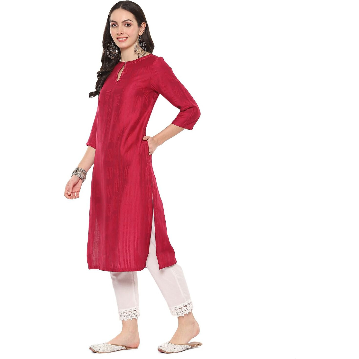 BIBA Women YARNDYED Straight Mix and Match(Work WEA19637_BERY_42) Pink