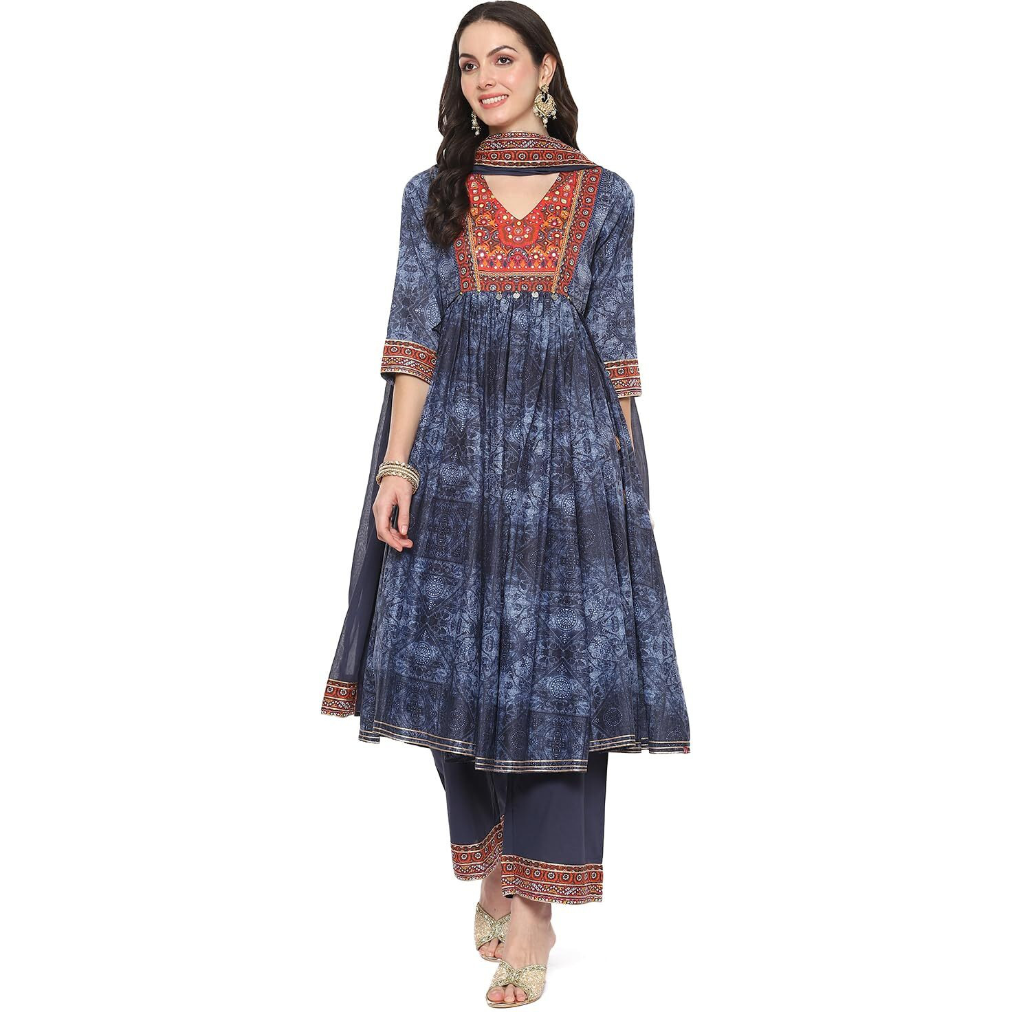 BIBA Women's Cotton Printed Anarkali Salwar Kurta Dupatta (Skdindie Bo9089_Indigo_38)