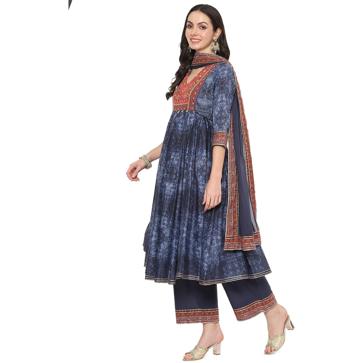 BIBA Women's Cotton Printed Anarkali Salwar Kurta Dupatta (Skdindie Bo9089_Indigo_38)