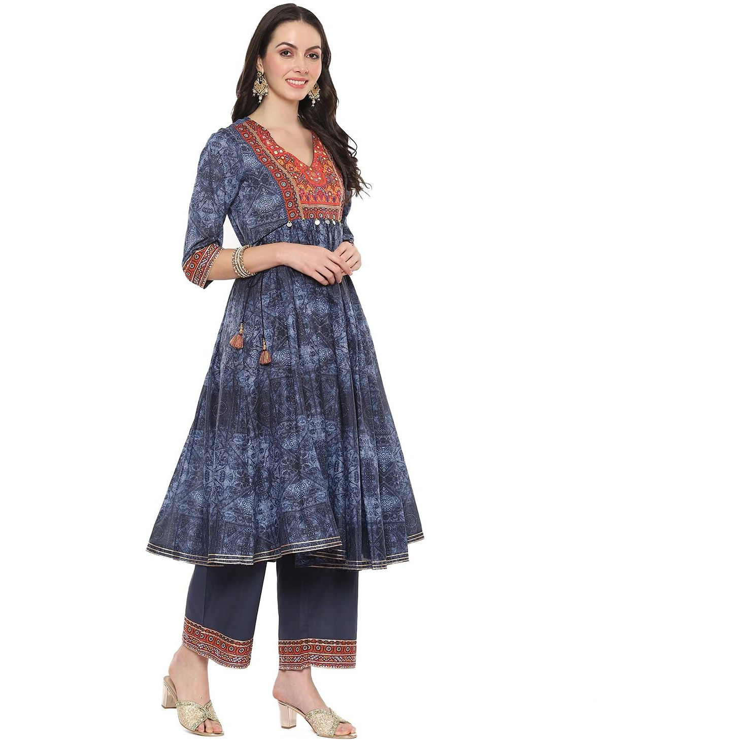 BIBA Women's Cotton Printed Anarkali Salwar Kurta Dupatta (Skdindie Bo9089_Indigo_38)