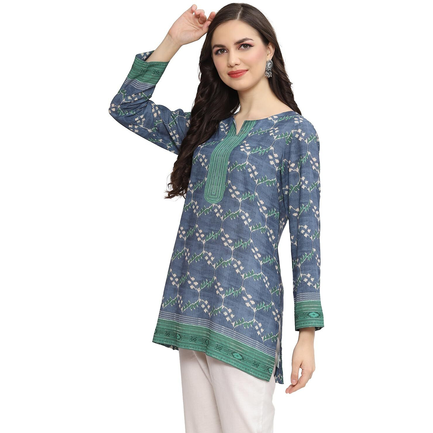 BIBA Women Printed Straight Mix and Match(Crepe KU19880_Denim Blue_34)