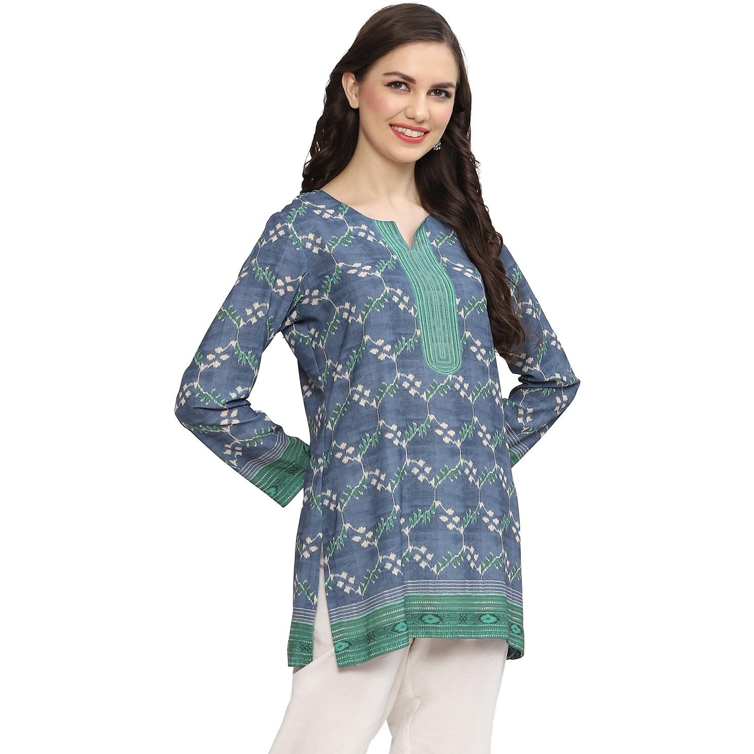 BIBA Women Printed Straight Mix and Match(Crepe KU19880_Denim Blue_34)