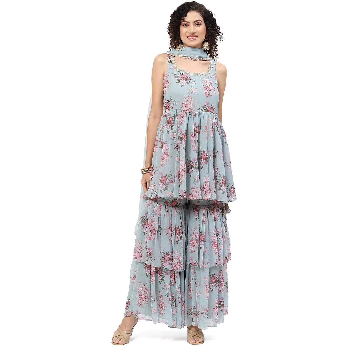 BIBA WOMEN PRINTED FLARED SALWAR KURTA DUPATTA(SKDPASSION 9068_SEA GREEN_42)