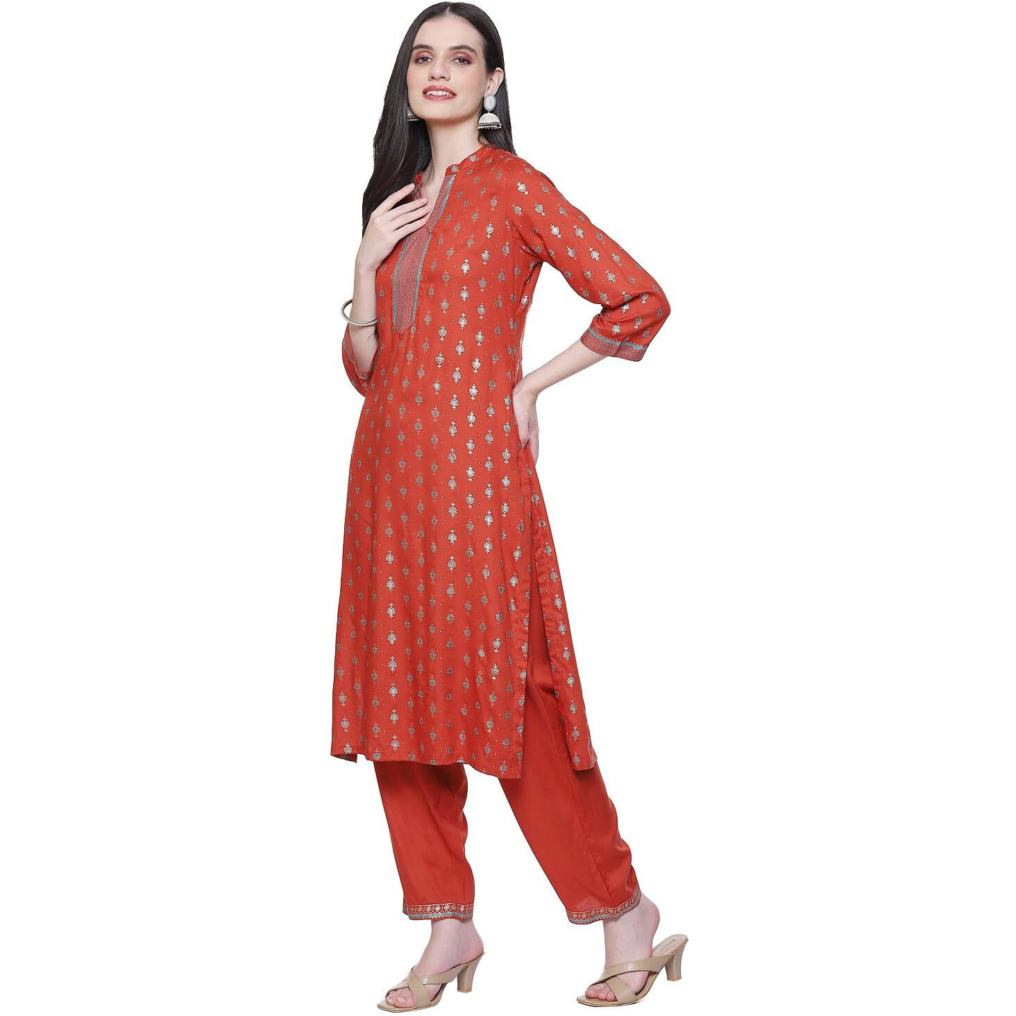 Rangriti Women's Cotton Blend Printed Straight Kurta Set (RSKASRTD18505AW23RUST_Rust
