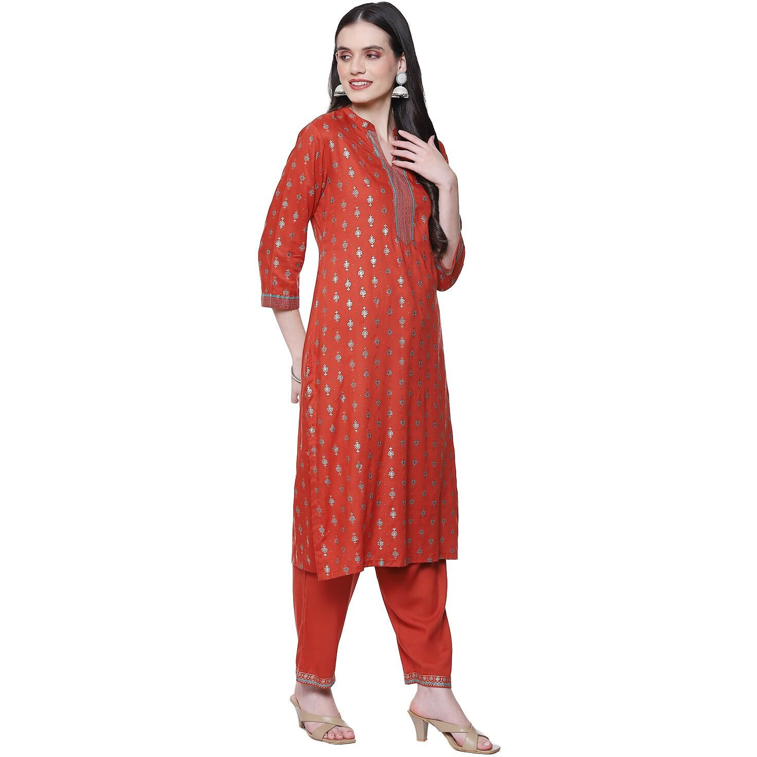 Rangriti Women's Cotton Blend Printed Straight Kurta Set (RSKASRTD18505AW23RUST_Rust