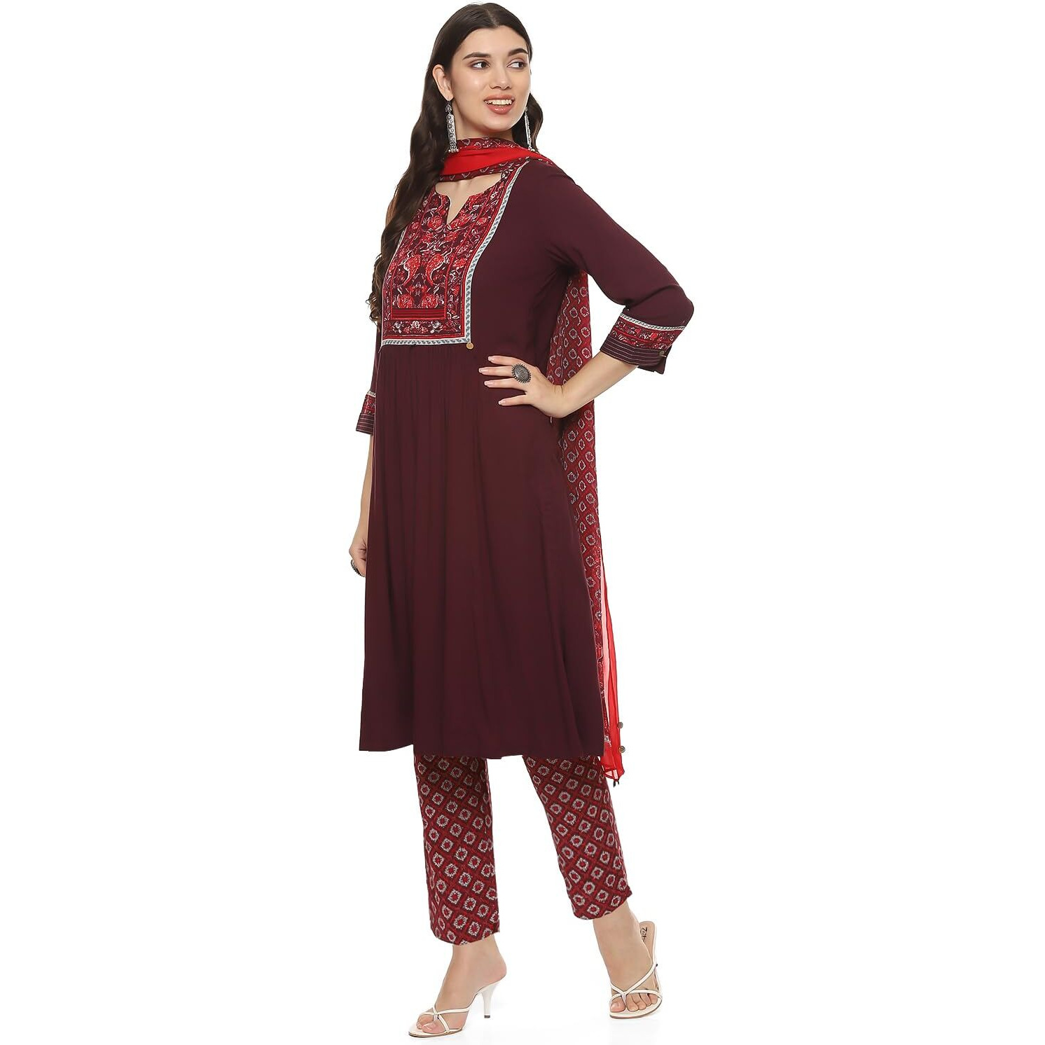 BIBA WOMEN SOLID A_LINE SALWAR KURTA DUPATTA(SKDCHARMING8178_BURGUNDY_34)
