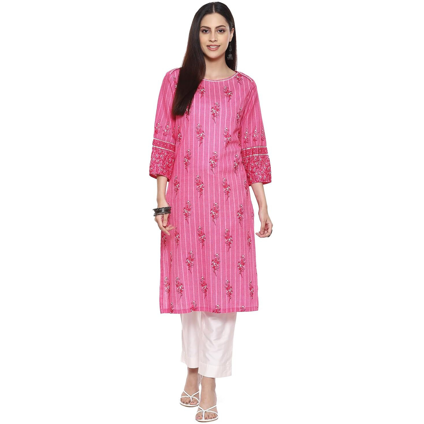 BIBA Women Cotton Printed Straight Kurta(MNMASSORTED16642E_Pink_L)