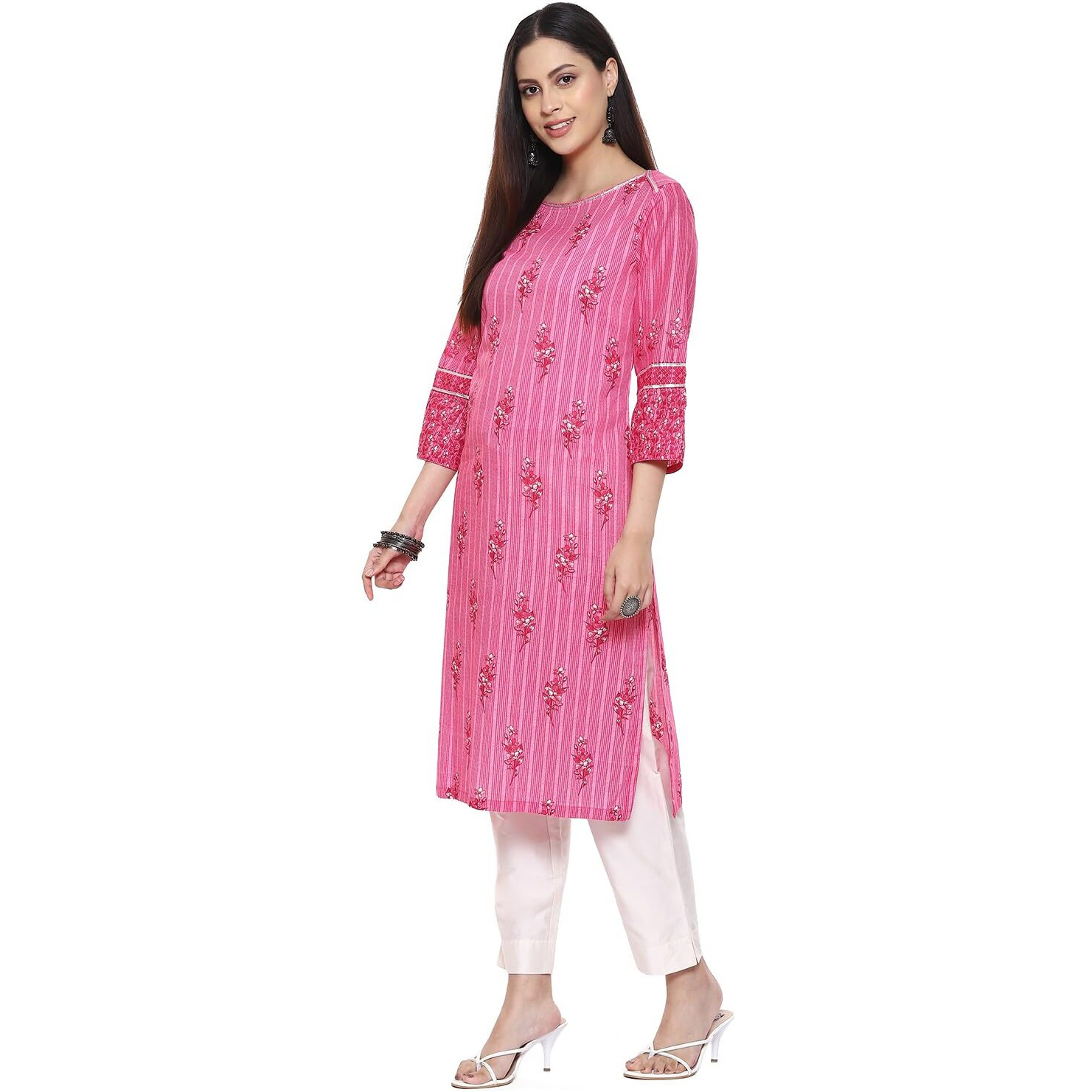 BIBA Women Cotton Printed Straight Kurta(MNMASSORTED16642E_Pink_L)