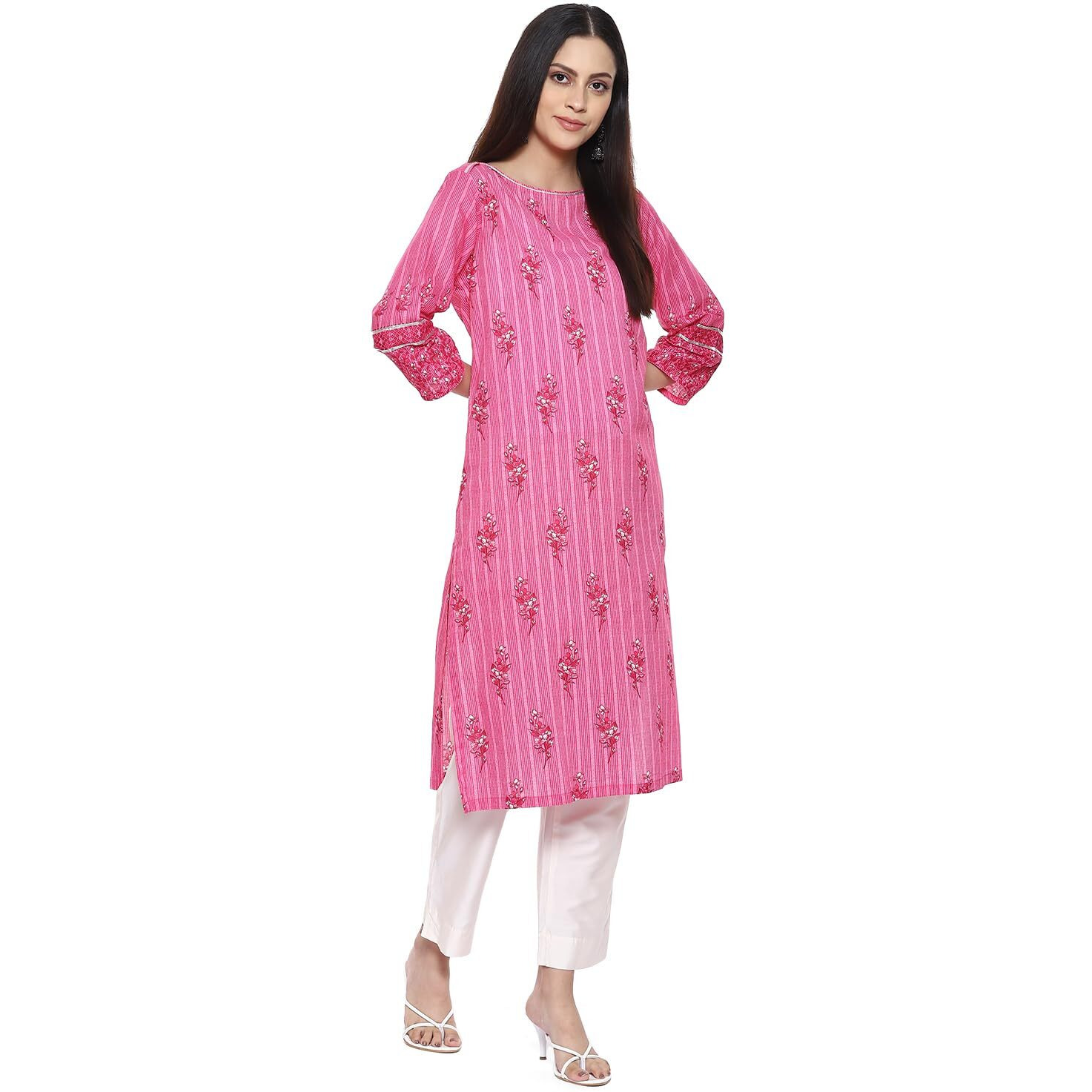 BIBA Women Cotton Printed Straight Kurta(MNMASSORTED16642E_Pink_L)