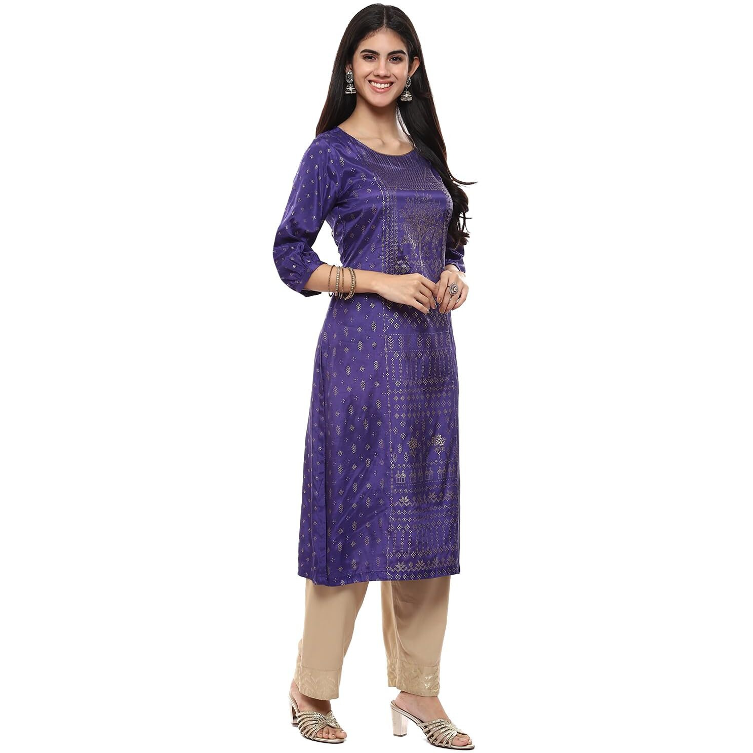 BIBA Women Viscose Printed Straight Kurta(MNMASSORTED16190E_Purple_XL)
