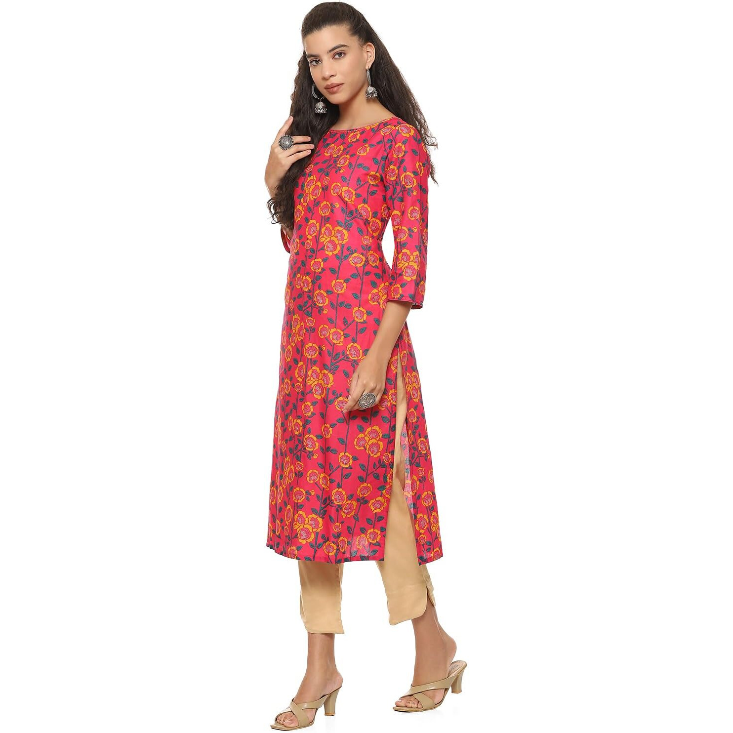 BIBA Women Cotton Printed Straight Kurta(MNMASSORTED16907E_Fuchsia_S)