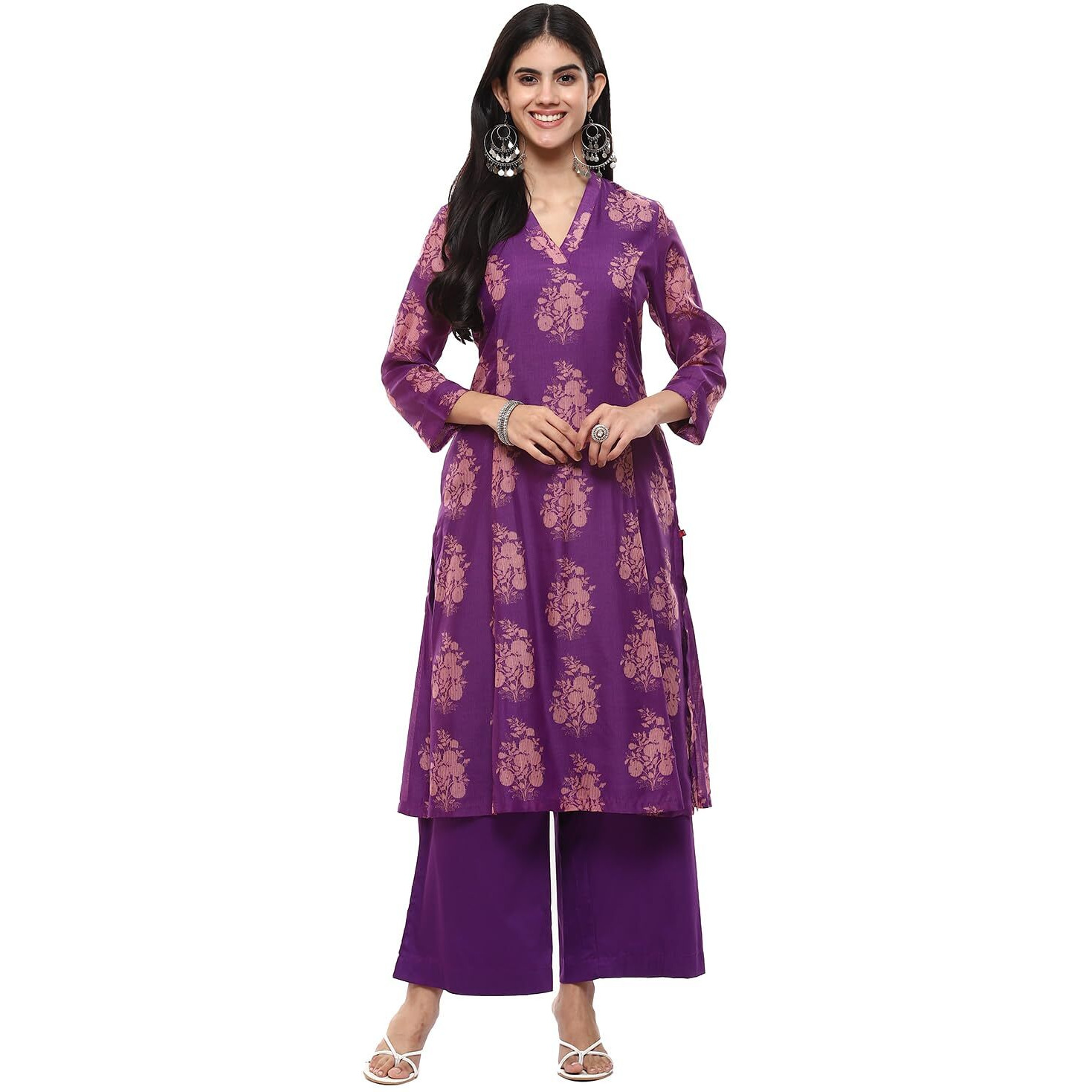 BIBA Women Polyester Printed A_Line Salwar Kurta Dupatta(Skdassorted6852E_Violet_32), Purple