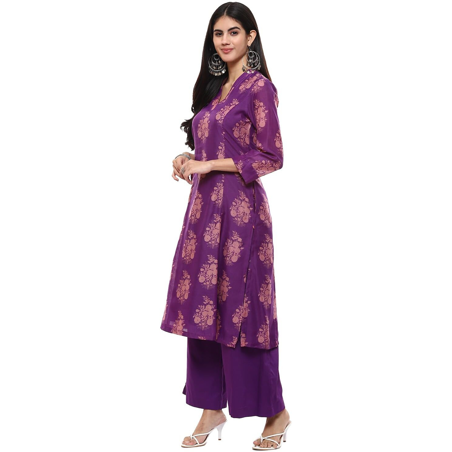 BIBA Women Polyester Printed A_Line Salwar Kurta Dupatta(Skdassorted6852E_Violet_32), Purple