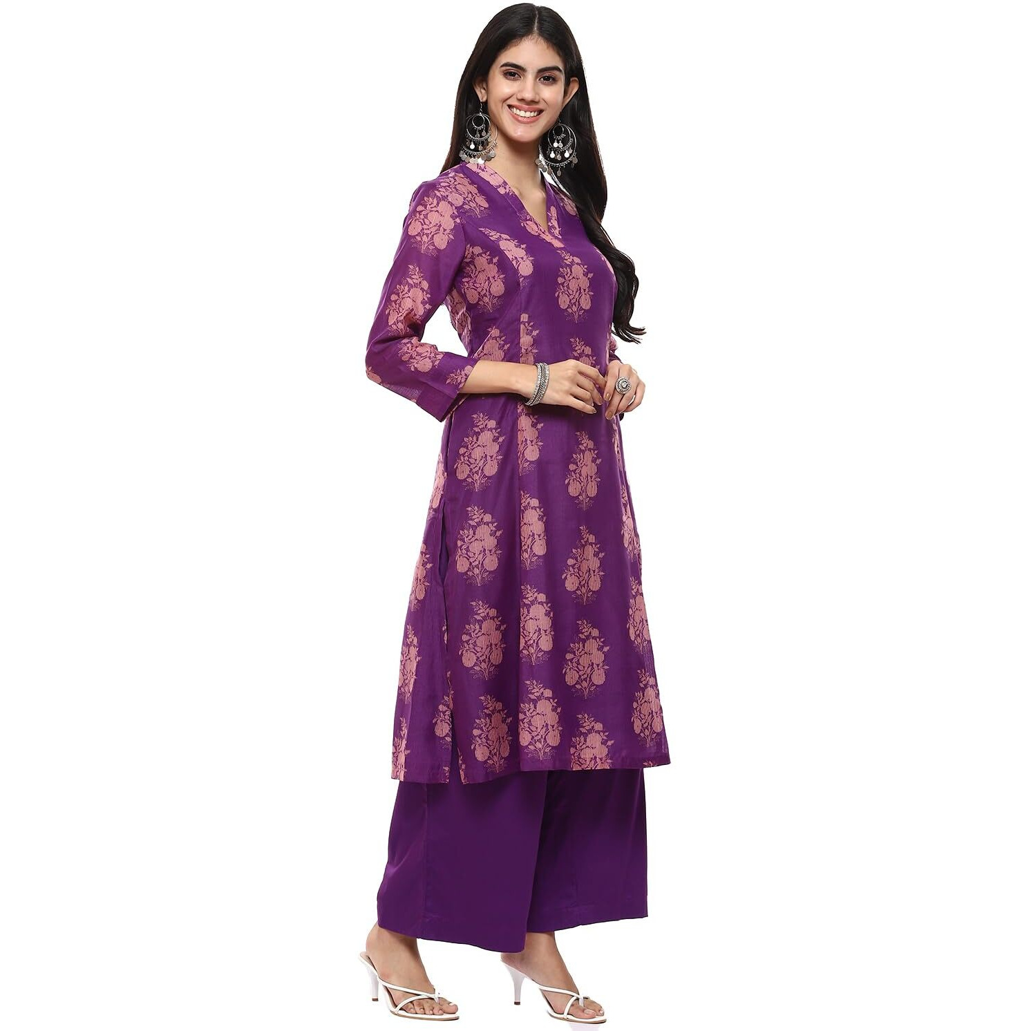 BIBA Women Polyester Printed A_Line Salwar Kurta Dupatta(Skdassorted6852E_Violet_32), Purple