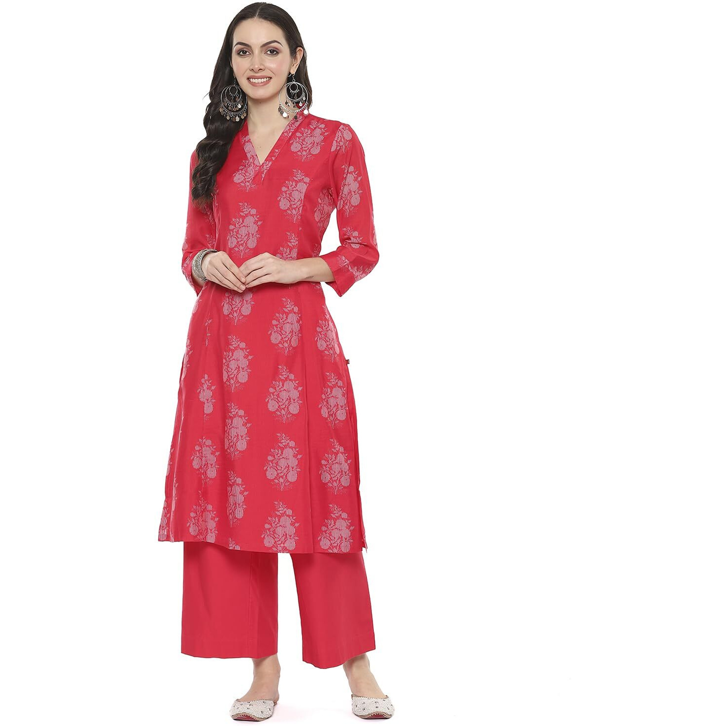 BIBA Polyester Blend Women's Printed A_Line Salwar Kurta Dupatta(Skdassorted6852E_Pink_34)