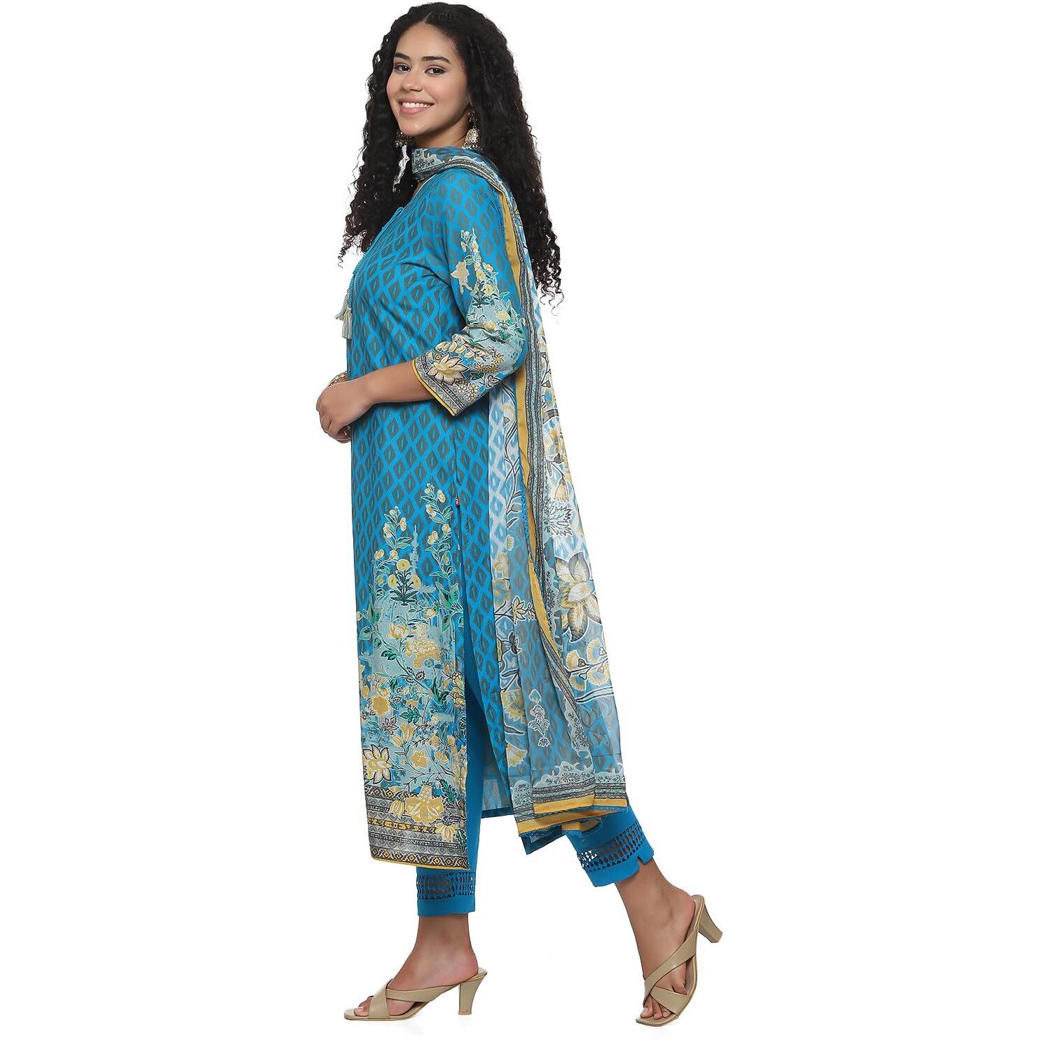 BIBA Cotton Women Printed Straight Salwar Kurta Dupatta (Skdassorted7483E_Turquoise_32)