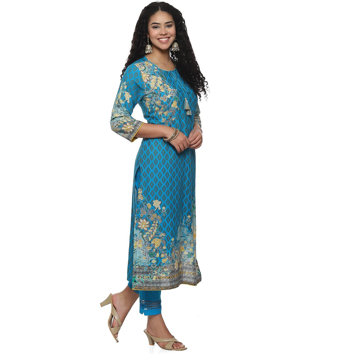 BIBA Cotton Women Printed Straight Salwar Kurta Dupatta (Skdassorted7483E_Turquoise_32)