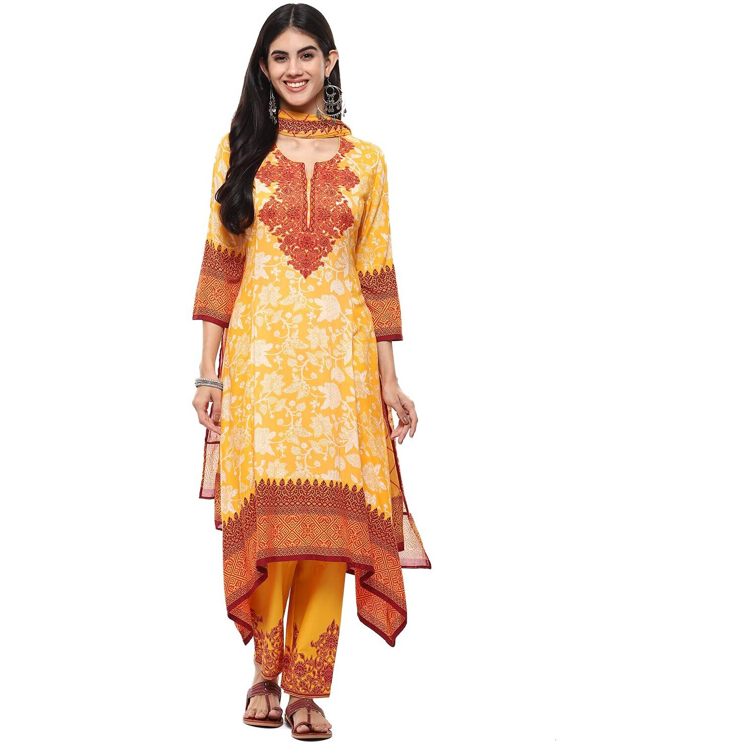 BIBA Women Cotton Printed Straight Salwar Kurta Dupatta(Skdassorted7226E_Mustard Yellow_34)