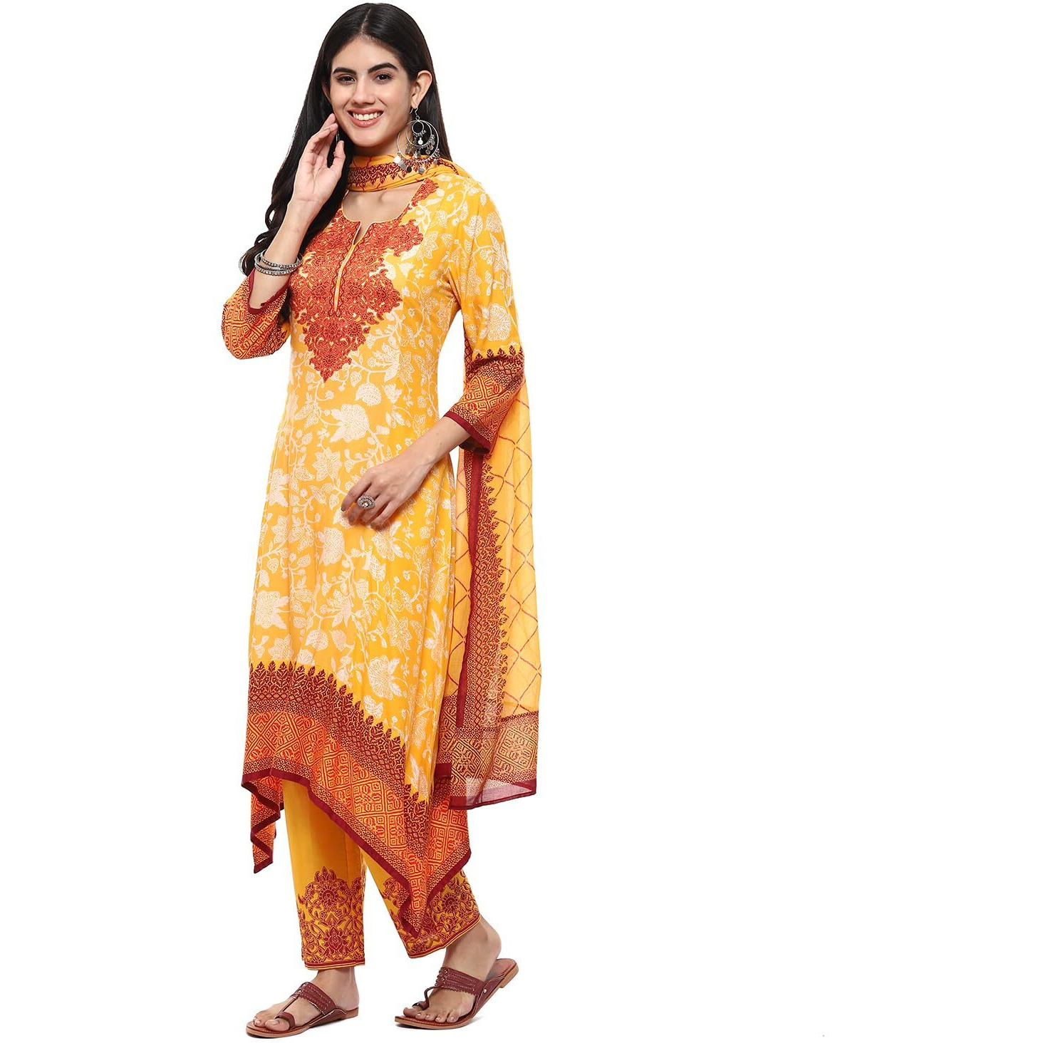 BIBA Women Cotton Printed Straight Salwar Kurta Dupatta(Skdassorted7226E_Mustard Yellow_34)