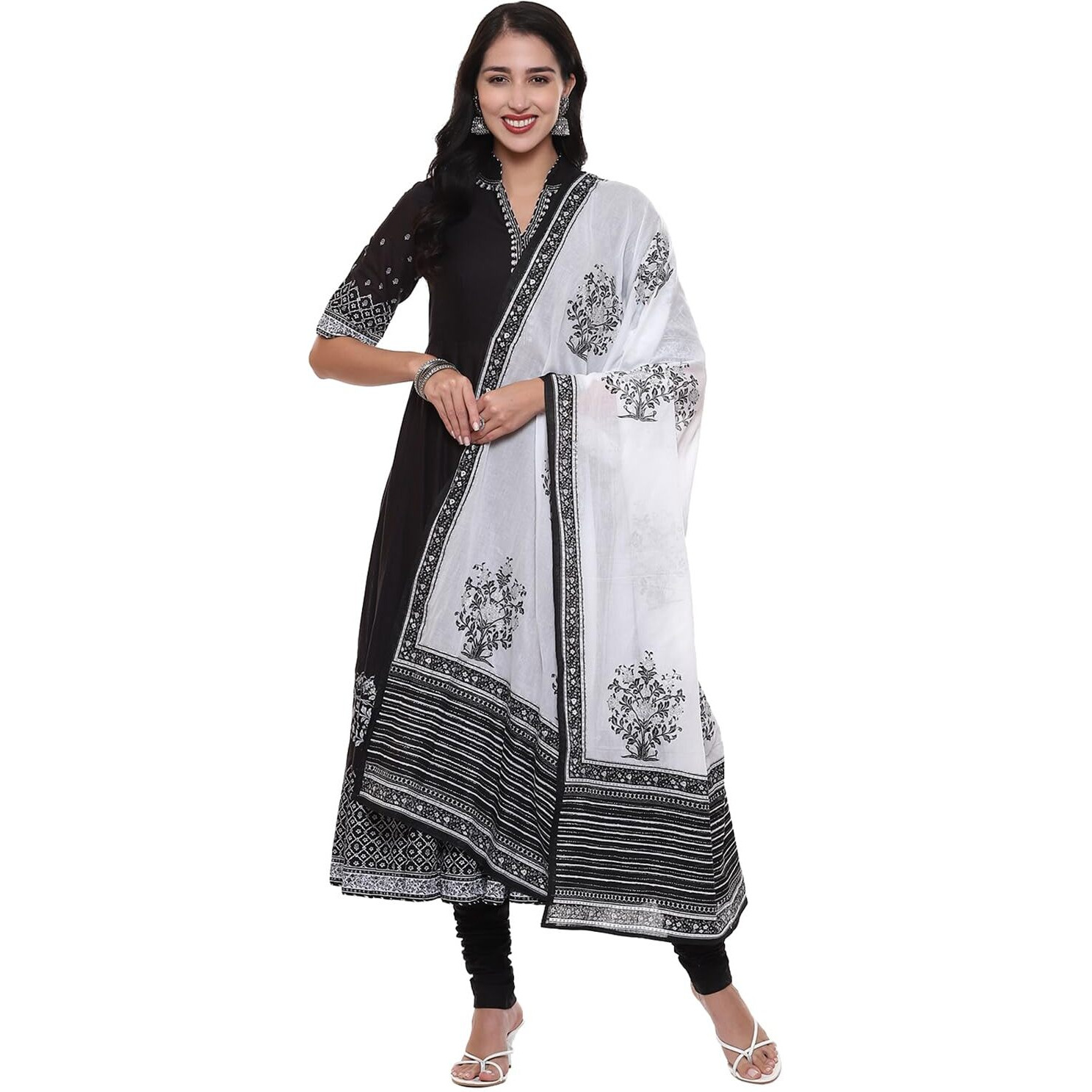 BIBA Cotton Women's Printed Anarkali Salwar Kurta Dupatta(Skdassorted5919E_Black_34)