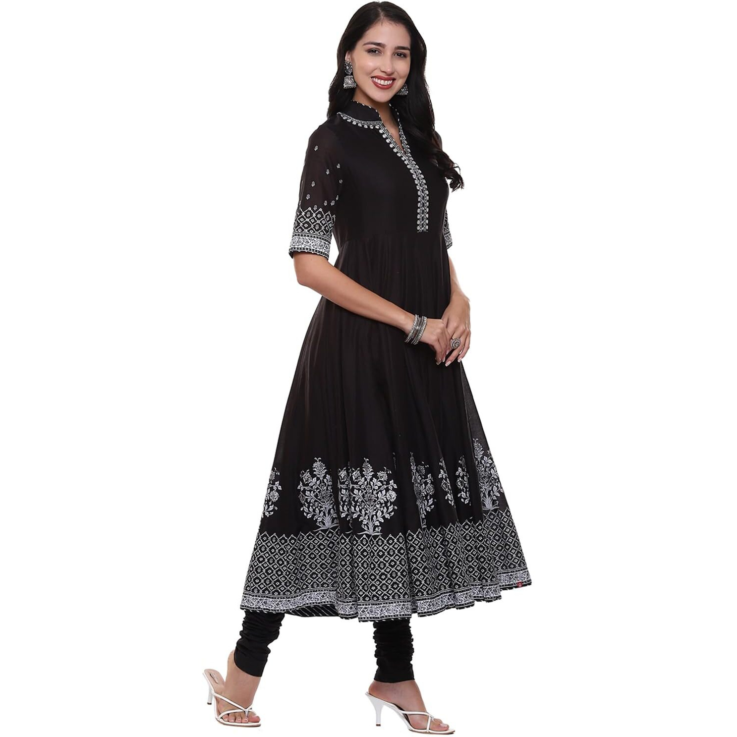 BIBA Cotton Women's Printed Anarkali Salwar Kurta Dupatta(Skdassorted5919E_Black_34)