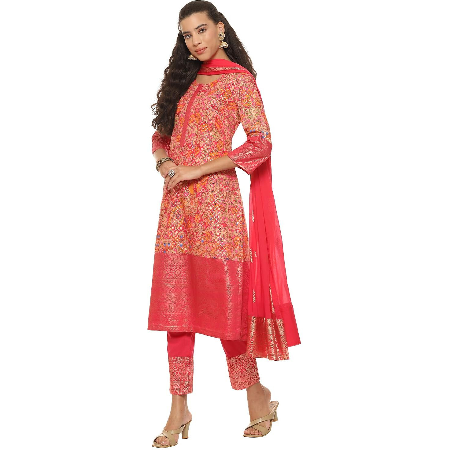 BIBA Women Polyester Printed Straight Salwar Kurta Dupatta(Skdassorted7566E_Fuchsia_32), Purple