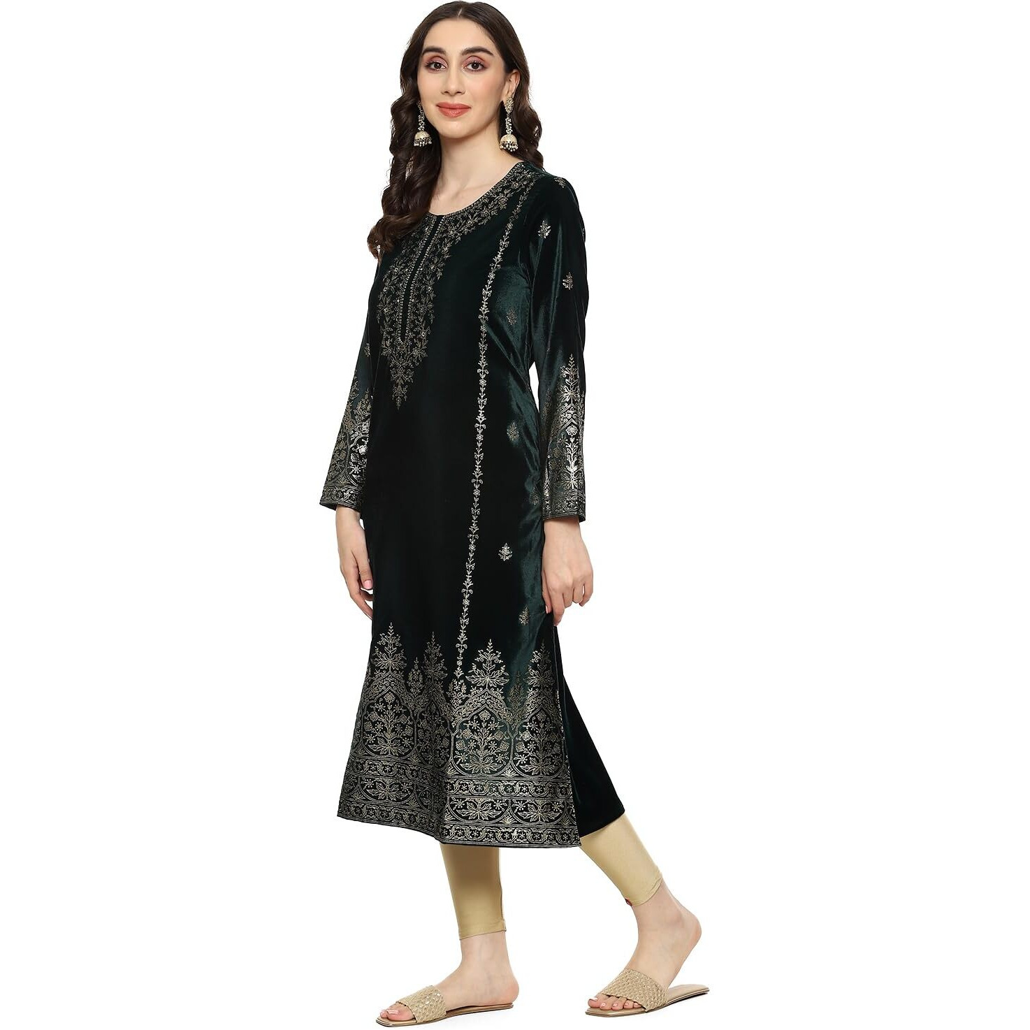 BIBA Women Printed Straight Mix and Match(Winter W19962_GEM GRN_34) Green
