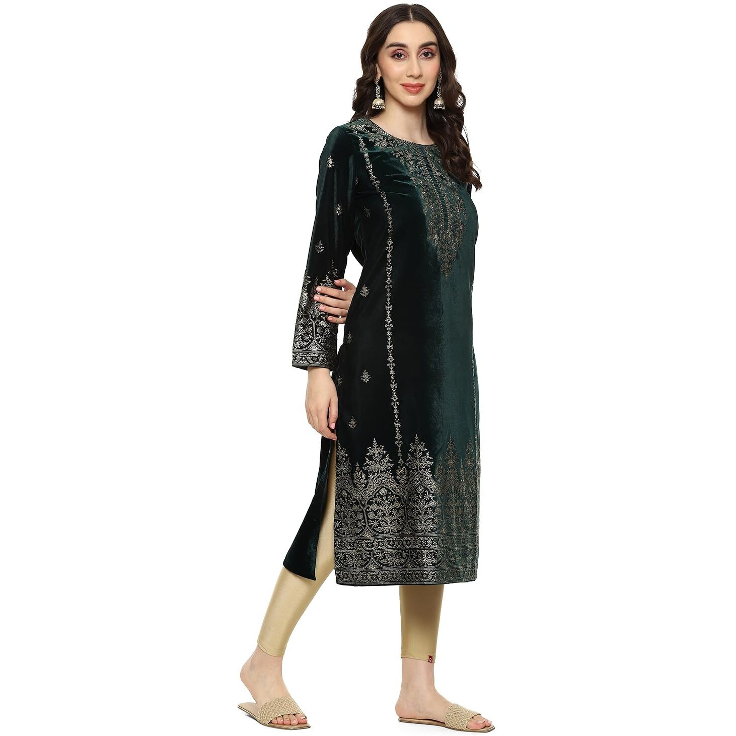 BIBA Women Printed Straight Mix and Match(Winter W19962_GEM GRN_34) Green