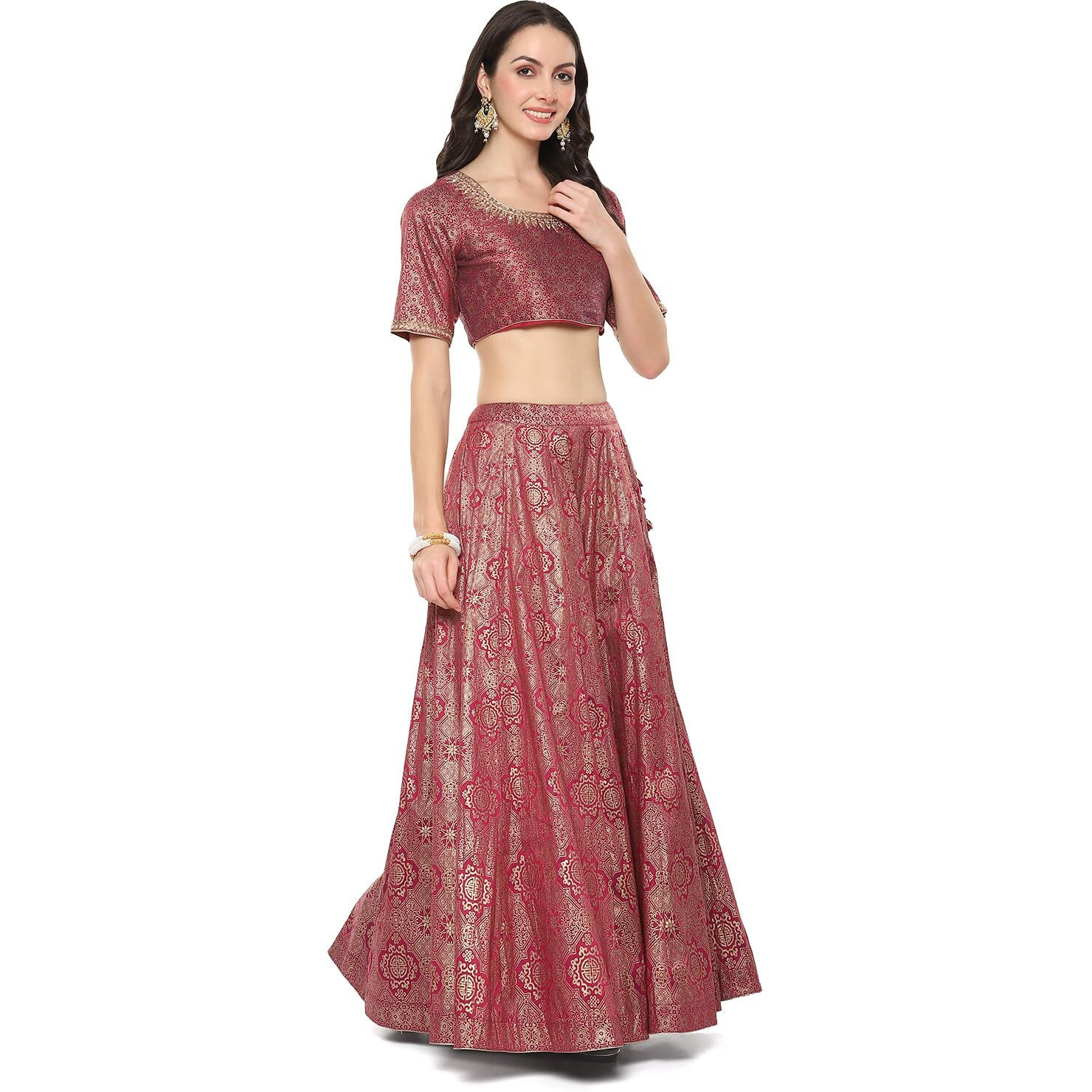 BIBA Womens Cotton Blend Printed Readymade Lehenga Choli Set (Skdassorted8935_Meganta_42)