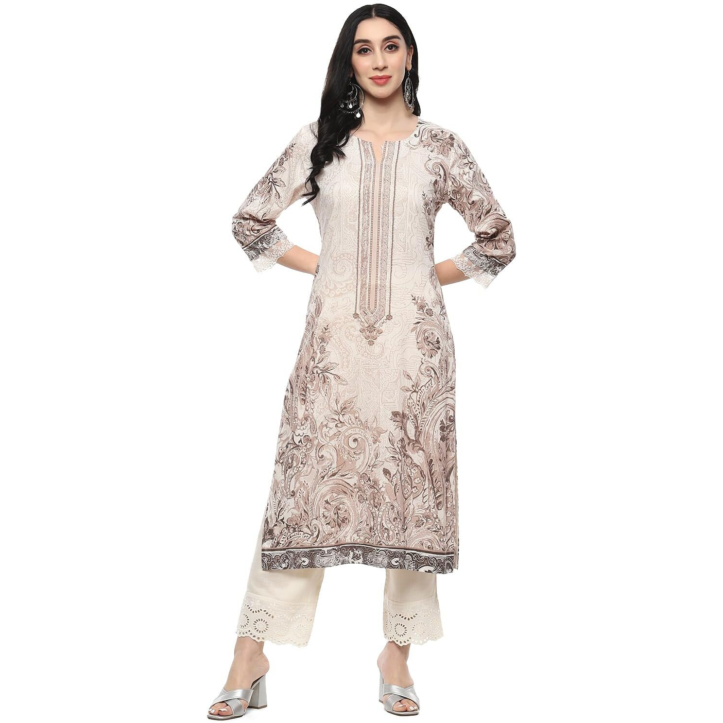 BIBA Women Viscose Printed Straight Kurta Mix and Match(Jamawar20171_Brown_32)