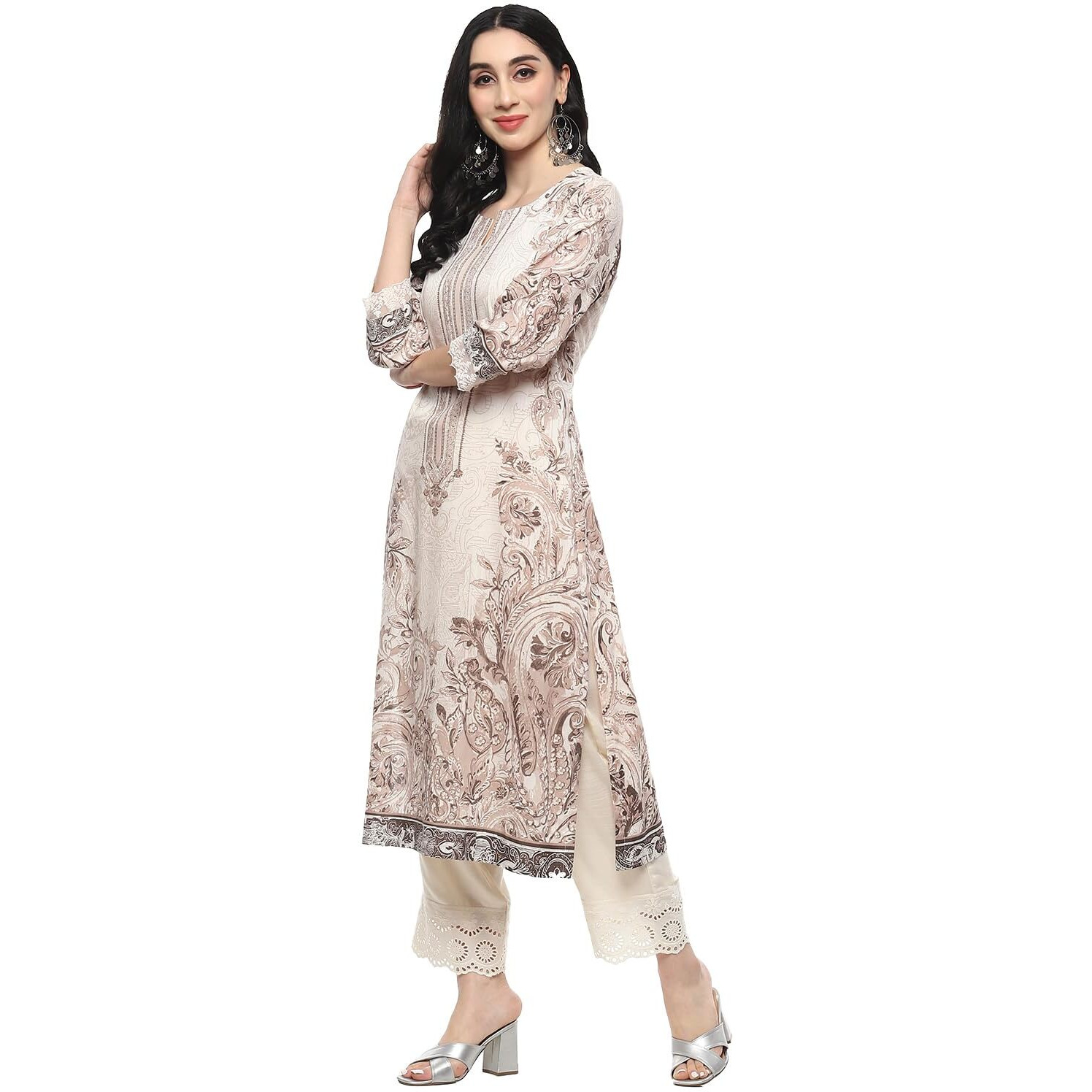 BIBA Women Viscose Printed Straight Kurta Mix and Match(Jamawar20171_Brown_32)