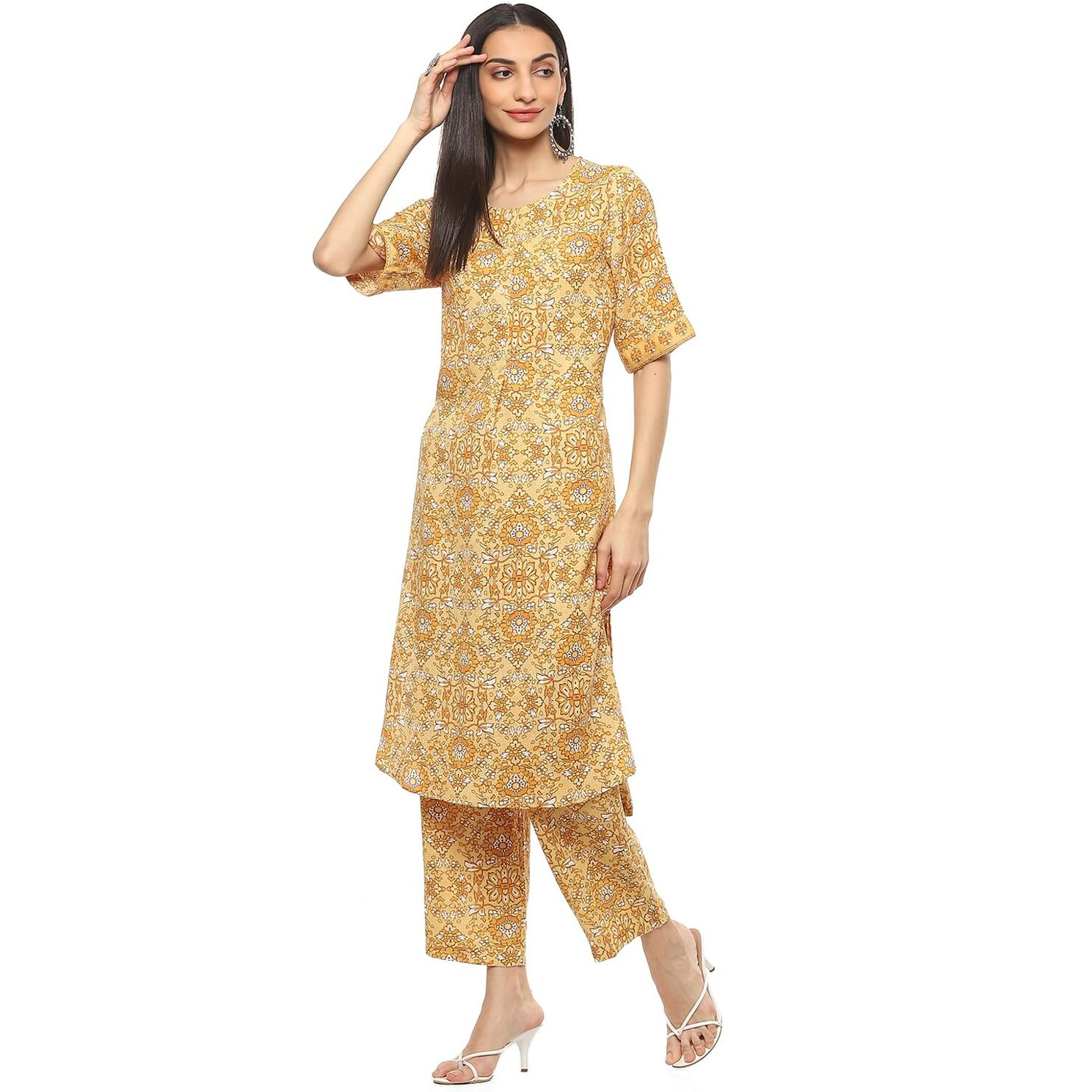 BIBA Women PRINTED STRAIGHT KURTA MIX AND MATCH(RIBAYAT COLLECTION2346_YELLOW_36)