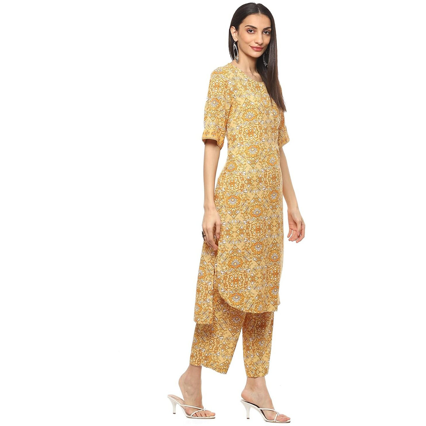 BIBA Women PRINTED STRAIGHT KURTA MIX AND MATCH(RIBAYAT COLLECTION2346_YELLOW_36)
