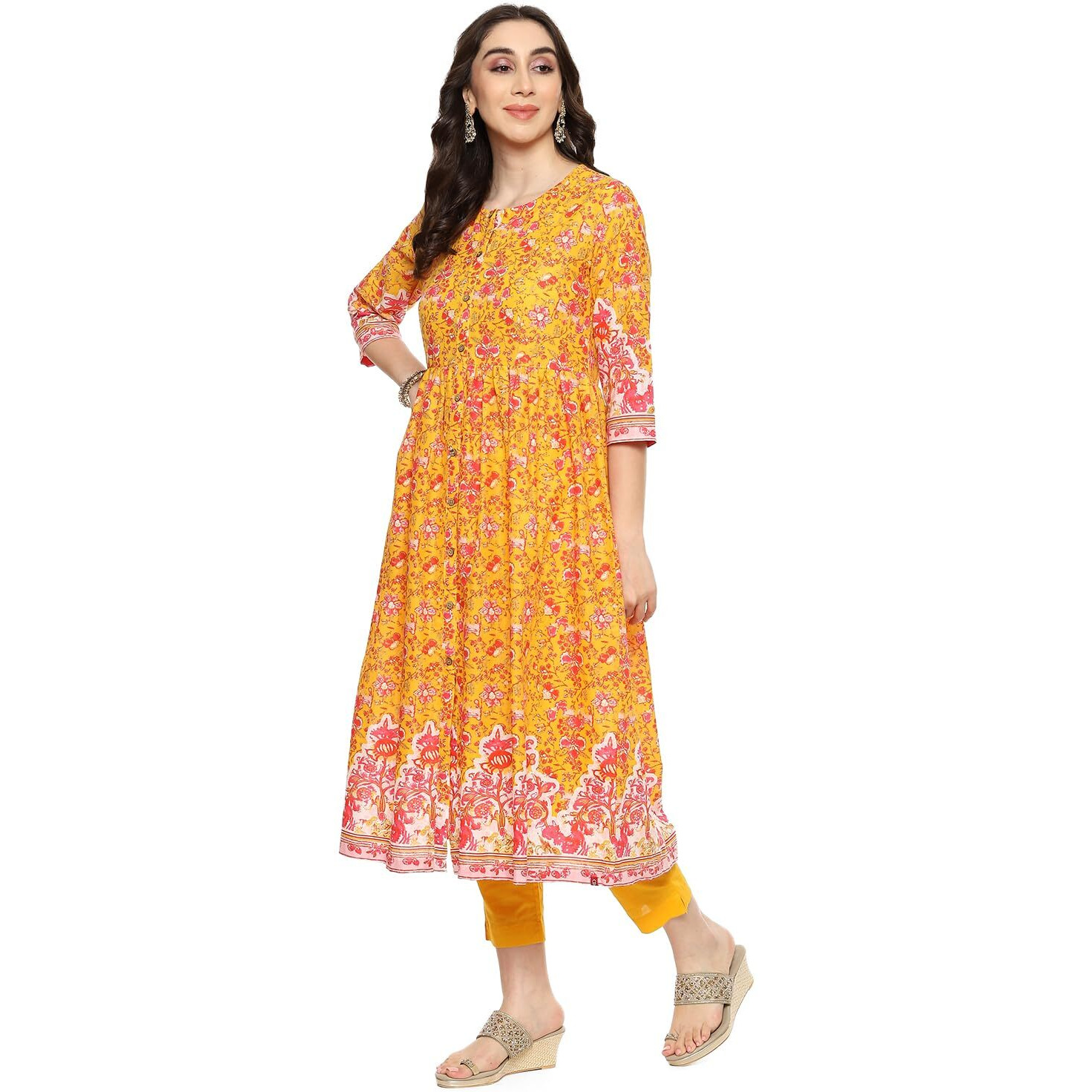 BIBA WOMEN PRINTED NARROW SALWAR KURTA DUPATTA(SKDSKD8078E_YELLOW_38)