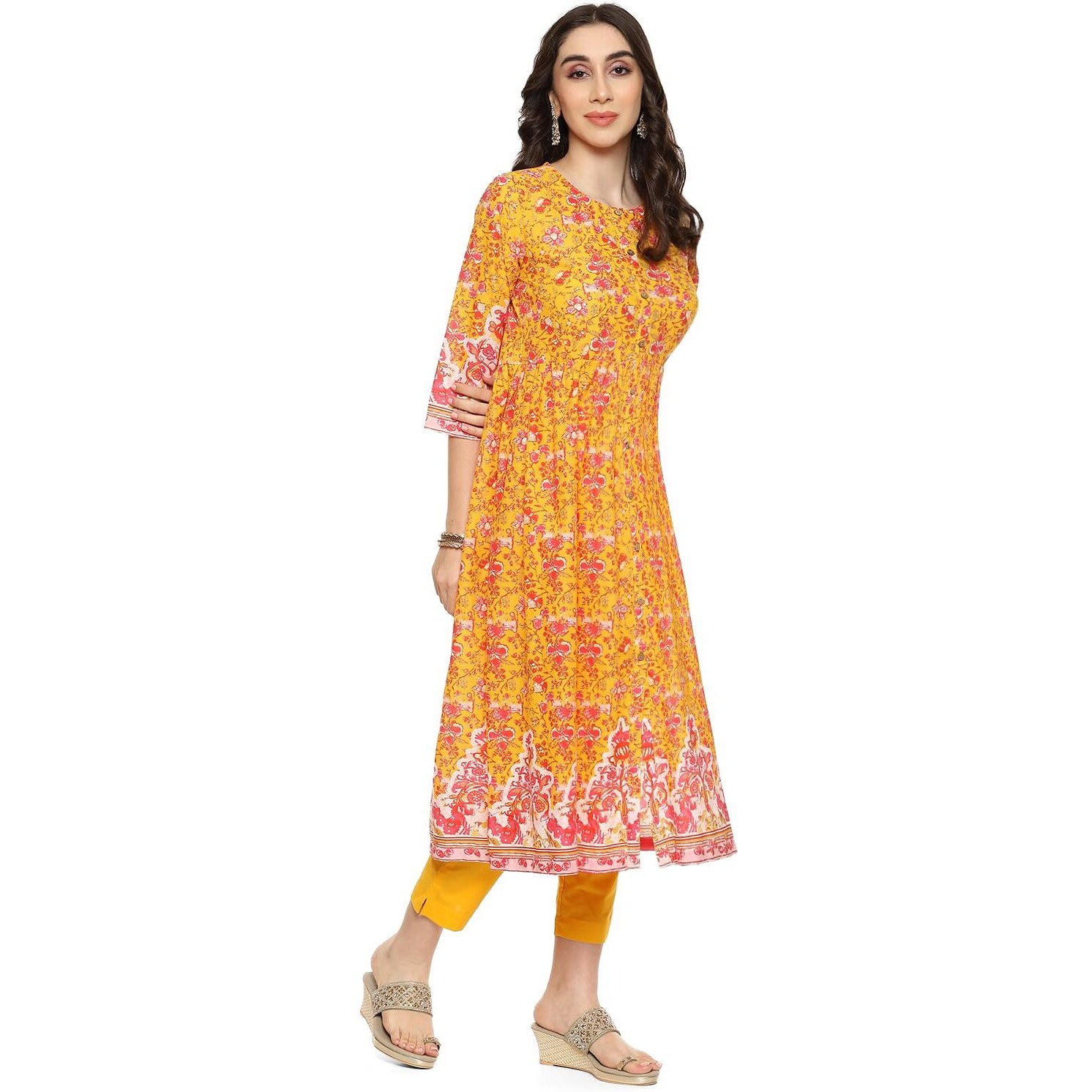 BIBA WOMEN PRINTED NARROW SALWAR KURTA DUPATTA(SKDSKD8078E_YELLOW_38)