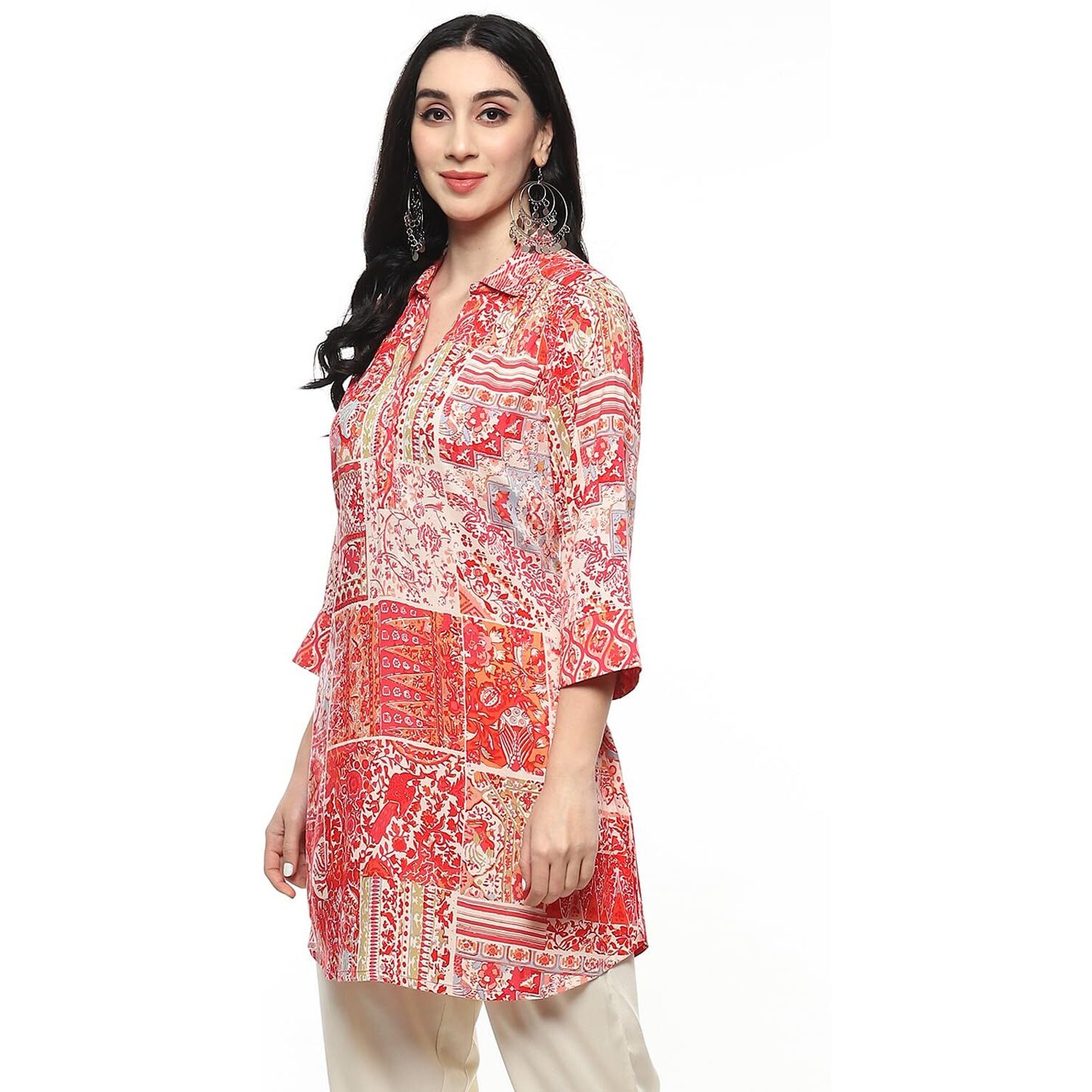 BIBA Viscose Women Printed Straight Kurta Mix and Match (Sanganer Patchwork20157_Fuchsia_32)