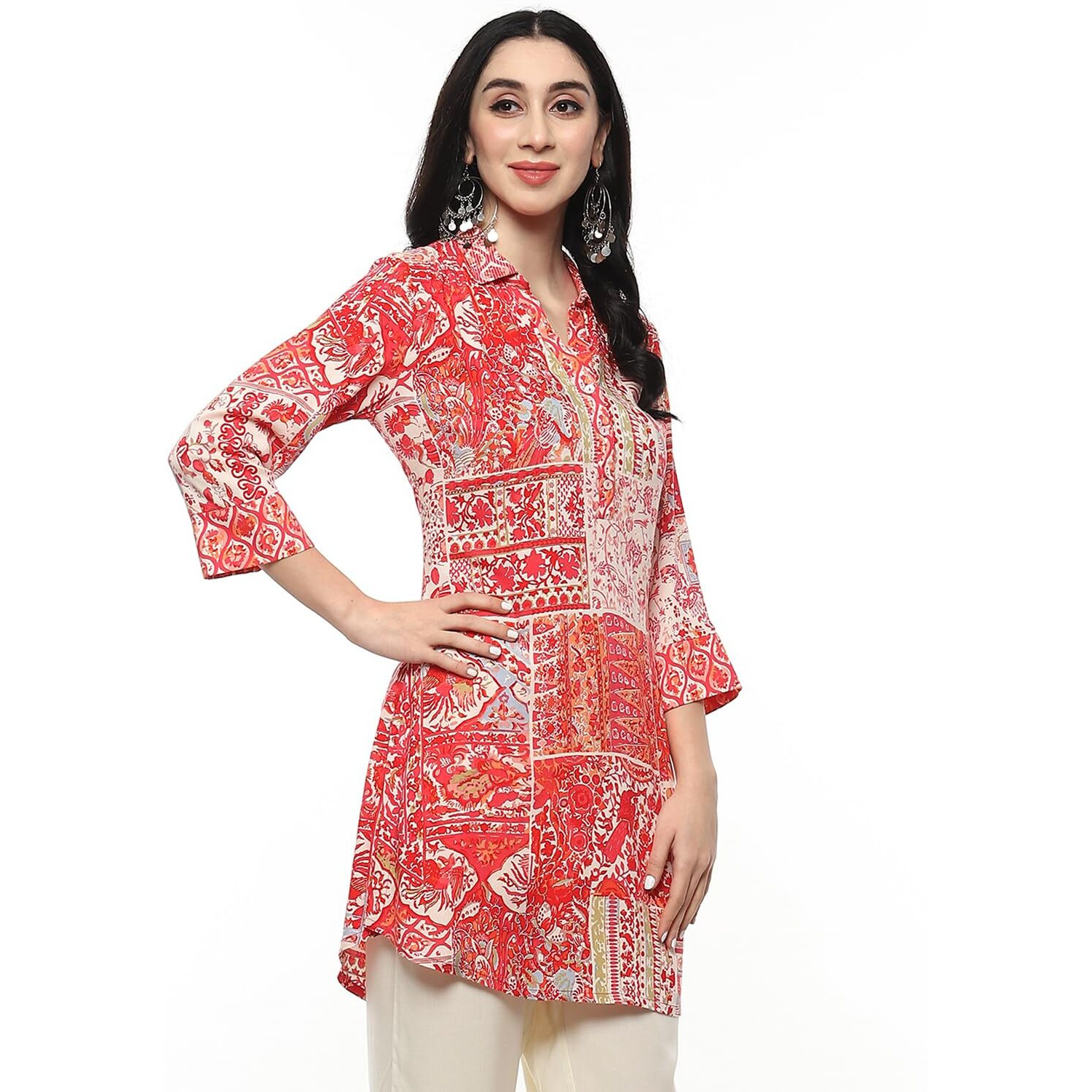 BIBA Viscose Women Printed Straight Kurta Mix and Match (Sanganer Patchwork20157_Fuchsia_32)