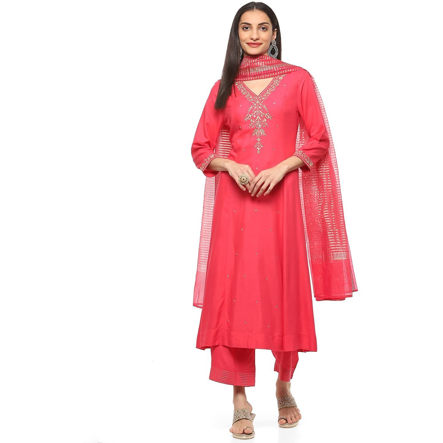 BIBA Women EMBROIDERY STRAIGHT KURTA SALWAR KURTA DUPATTA(SKDRIVAYAT9536_FUCHSIA_34)