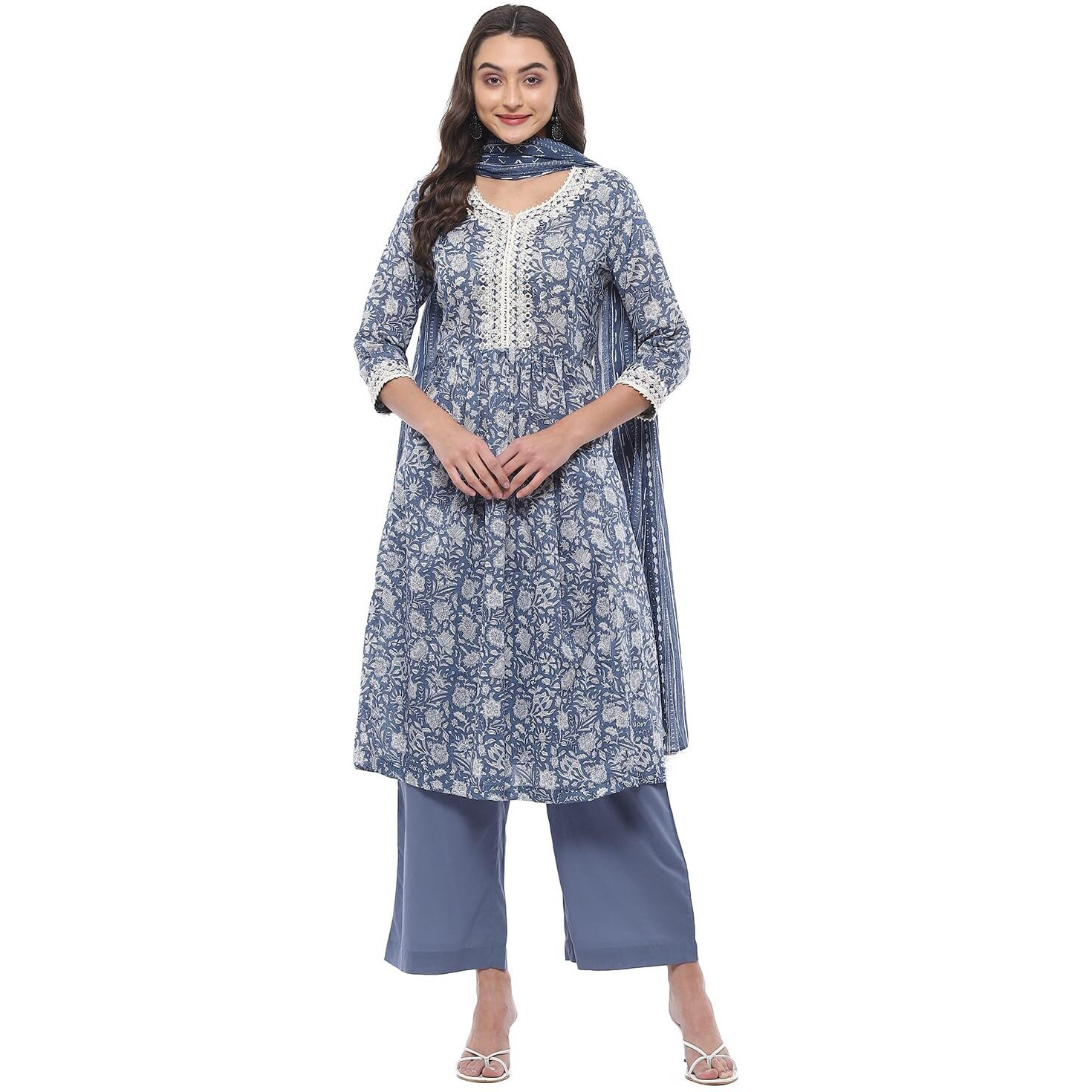 BIBA Women PRINTED A_LINE SALWAR KURTA DUPATTA(SKDSANGANER9563_BLUE_34)