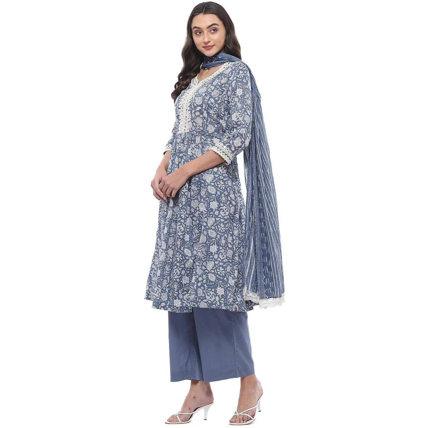 BIBA Women PRINTED A_LINE SALWAR KURTA DUPATTA(SKDSANGANER9563_BLUE_34)