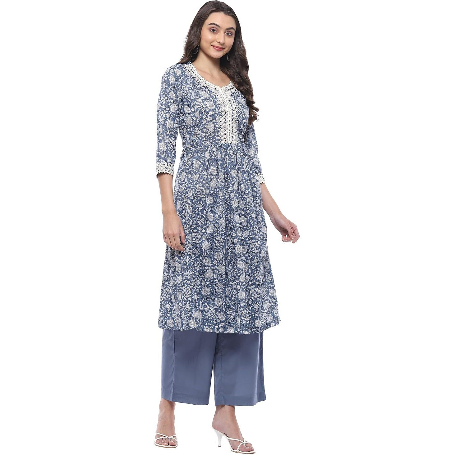 BIBA Women PRINTED A_LINE SALWAR KURTA DUPATTA(SKDSANGANER9563_BLUE_34)