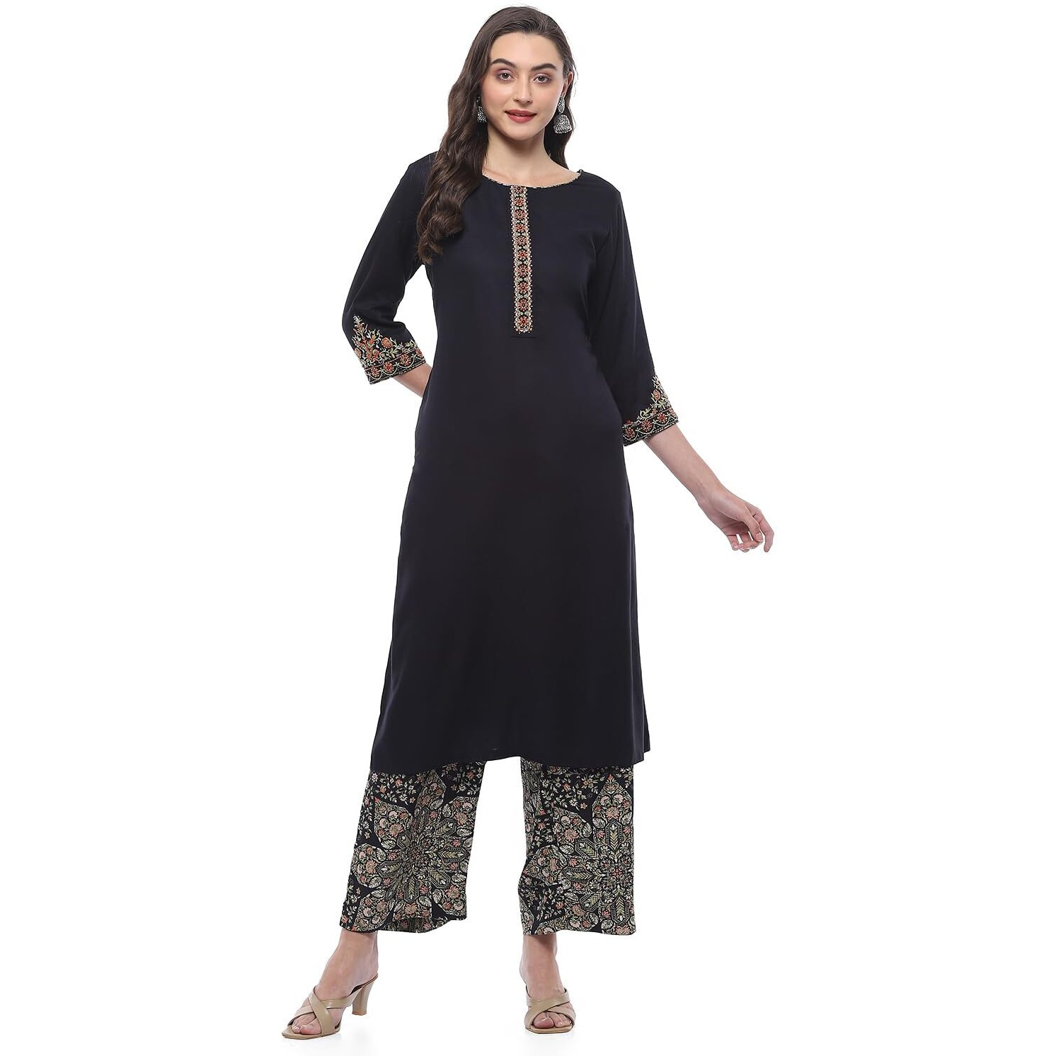 BIBA Women PRINTED STRAIGHT KURTA MIX AND MATCH(SHADES OF BLACK COLLECTION2375_BLACK_42)