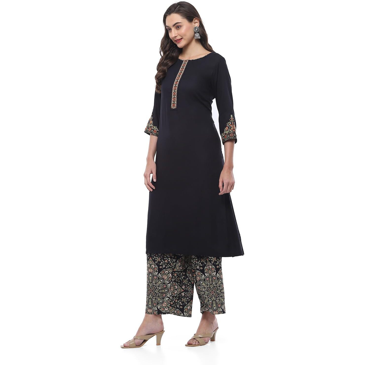 BIBA Women PRINTED STRAIGHT KURTA MIX AND MATCH(SHADES OF BLACK COLLECTION2375_BLACK_42)