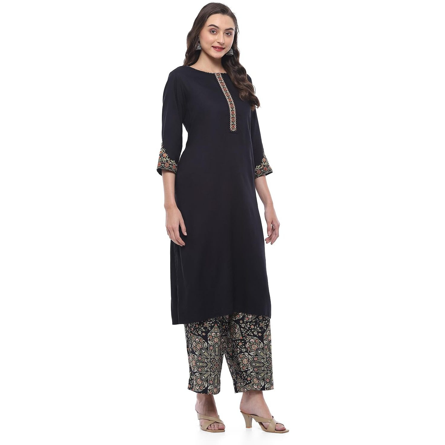 BIBA Women PRINTED STRAIGHT KURTA MIX AND MATCH(SHADES OF BLACK COLLECTION2375_BLACK_42)