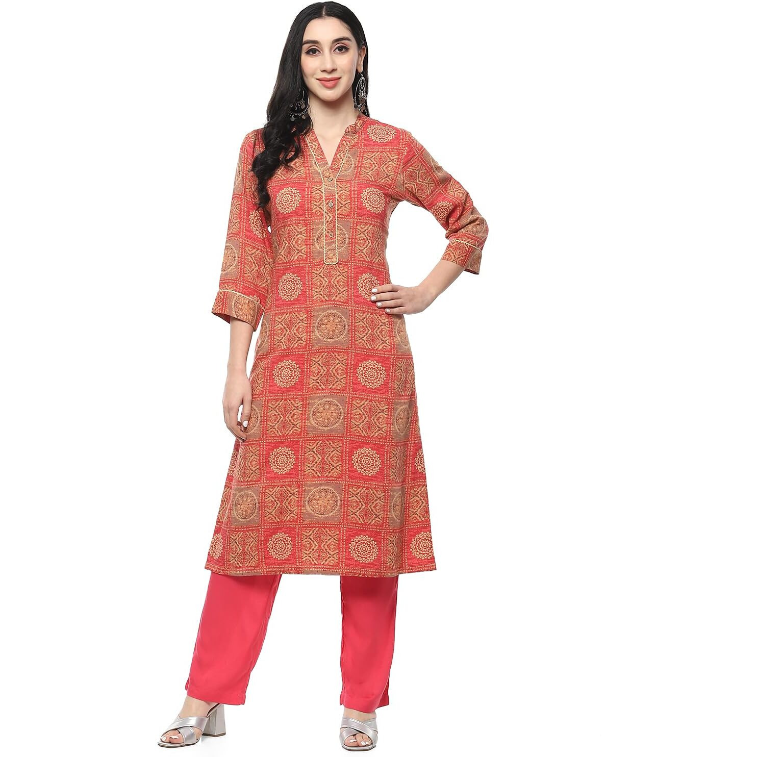 BIBA Rayon Women Printed Straight Kurta Mix and Match(Assorted20549_Red_34)