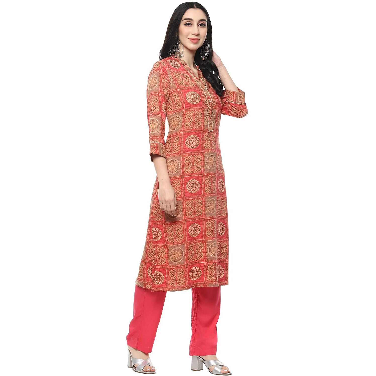 BIBA Rayon Women Printed Straight Kurta Mix and Match(Assorted20549_Red_34)